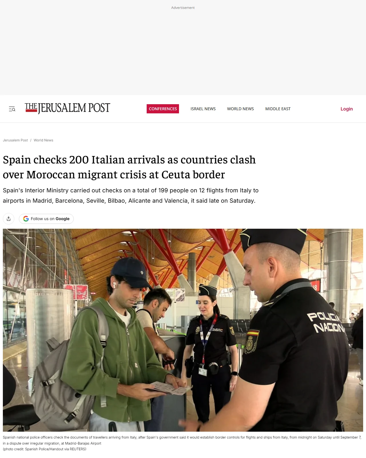 jpost.com as published: Spain checks 200 Italian arrivals as countries clash over Moroccan migrant crisis at Ceuta border