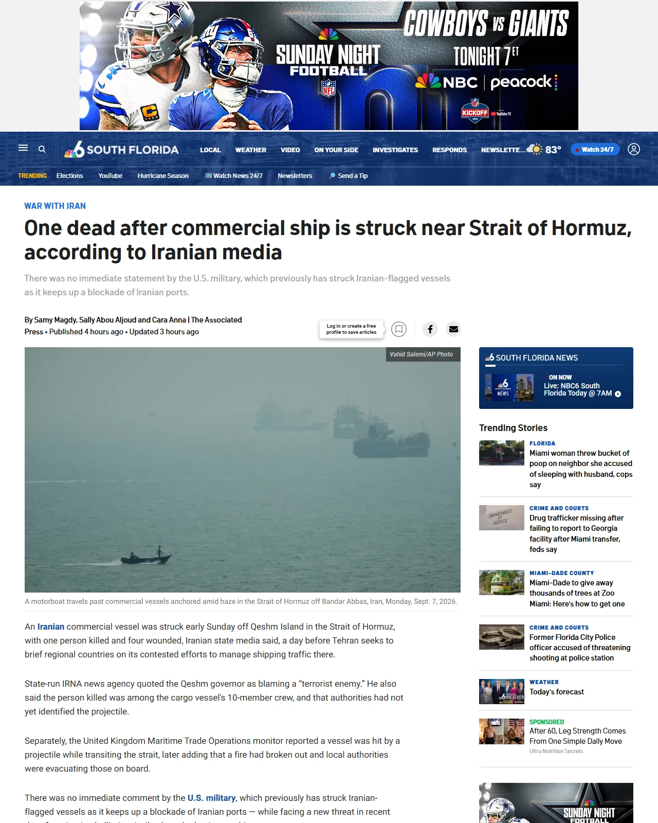 nbcmiami.com as published: One dead after commercial ship is struck near Strait of Hormuz, according to Iranian media