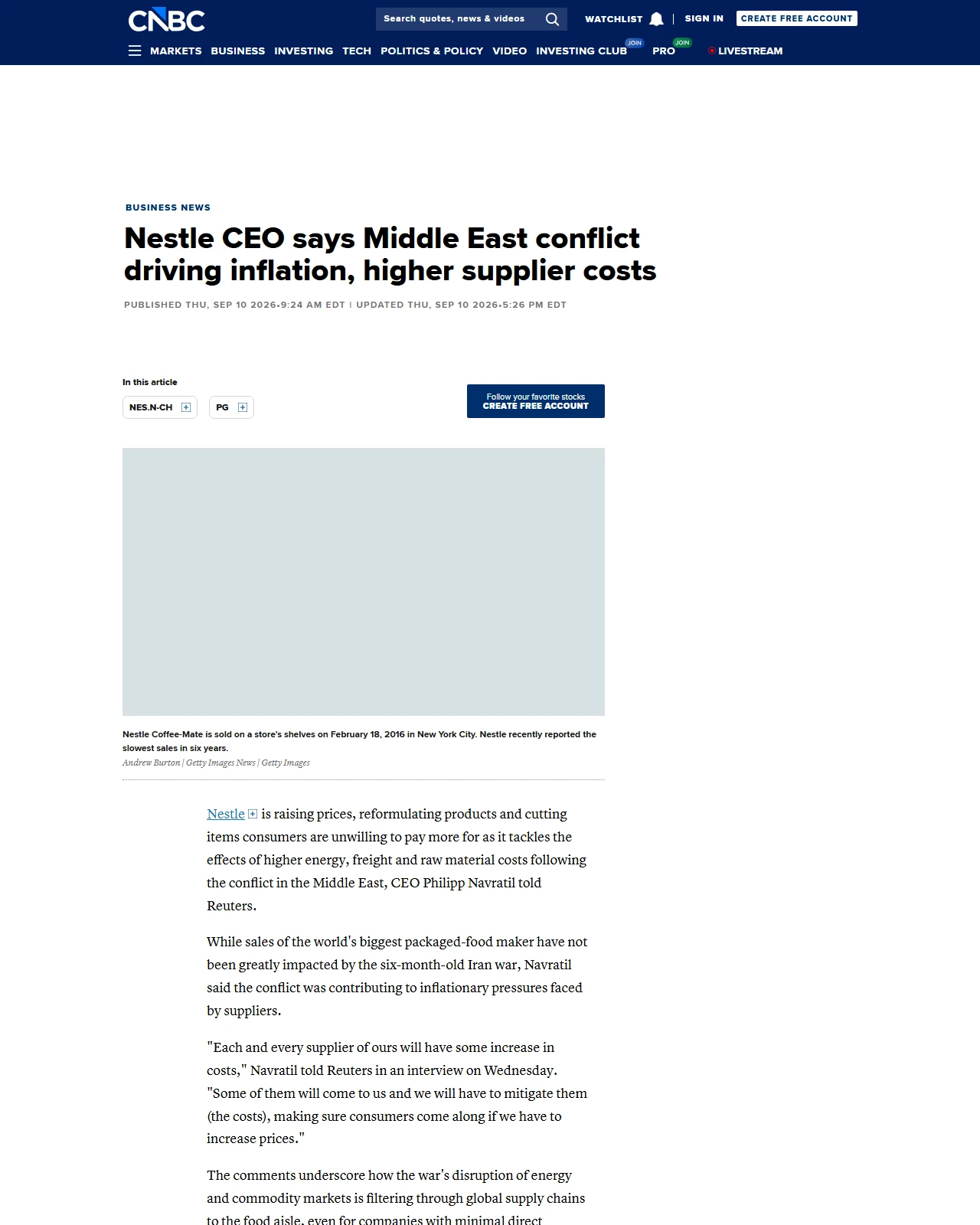 cnbc.com as published: Nestle CEO says Middle East conflict driving inflation, higher supplier costs