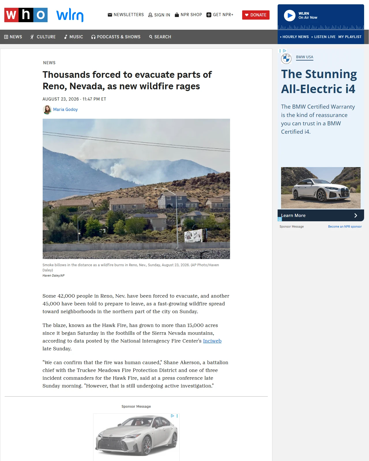 npr.org as published: Thousands forced to evacuate parts of Reno, Nevada, as new wildfire rages