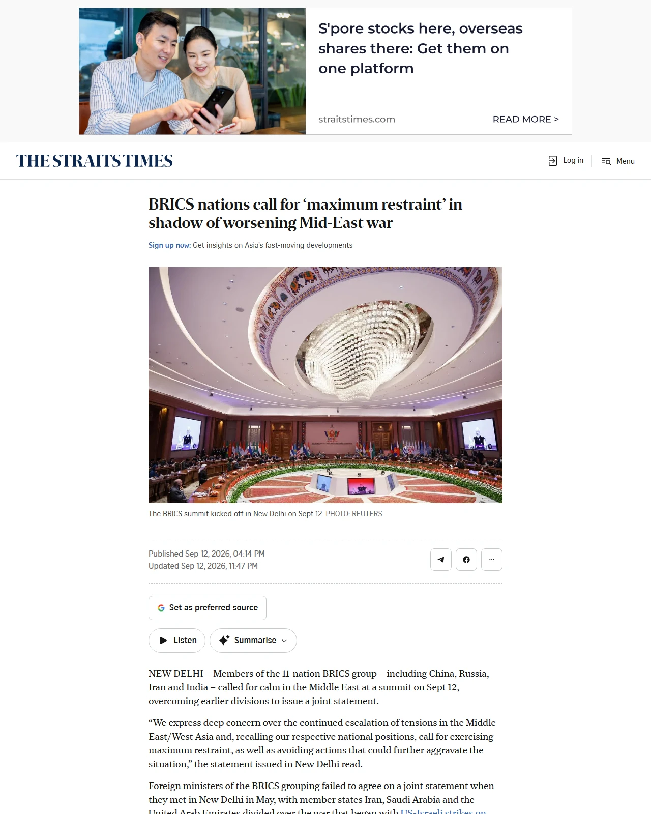 straitstimes.com as published: BRICS nations call for ‘maximum restraint’ in shadow of worsening Mid-East war