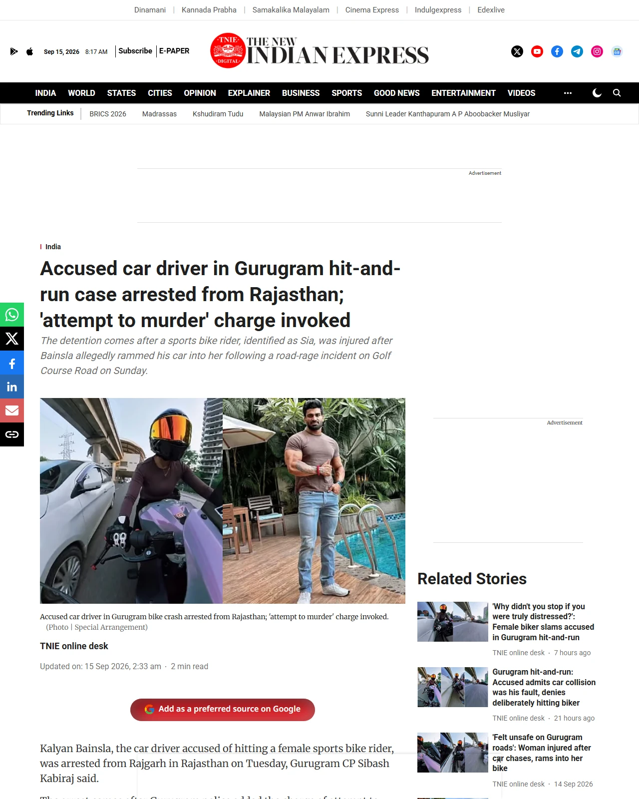 newindianexpress.com as published: Accused car driver in Gurugram hit-and-run case arrested from Rajasthan; 'attempt to murder' charge invoked