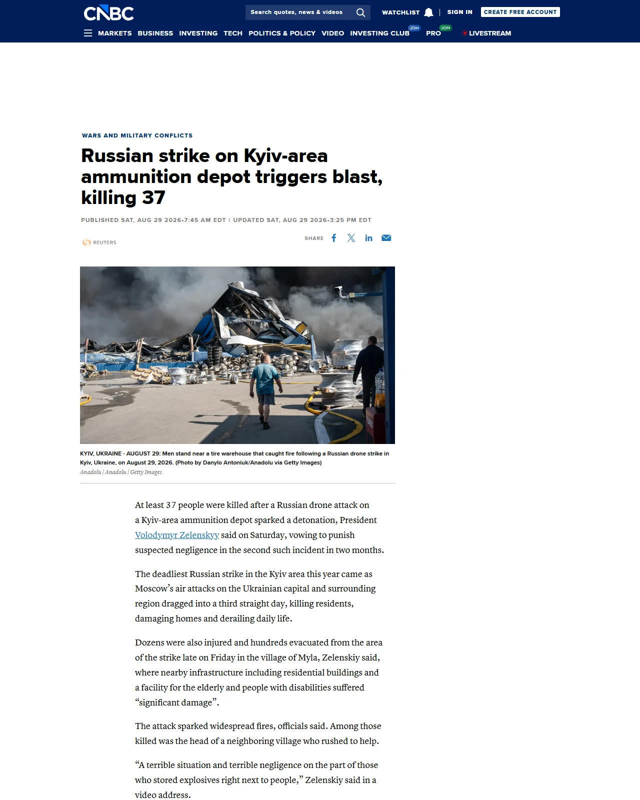 cnbc.com as published: Russian strike on Kyiv-area ammunition depot triggers blast, killing 37