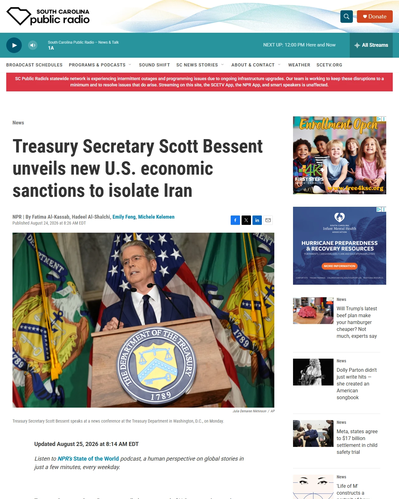 southcarolinapublicradio.org as published: Treasury Secretary Scott Bessent is set to unveil new economic sanctions on Iran