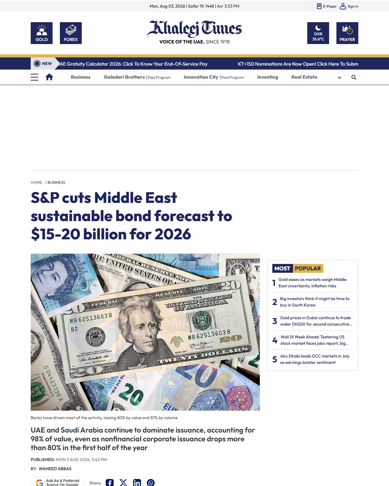 khaleejtimes.com as published: S&P cuts Middle East sustainable bond forecast to $15-20 billion for 2026