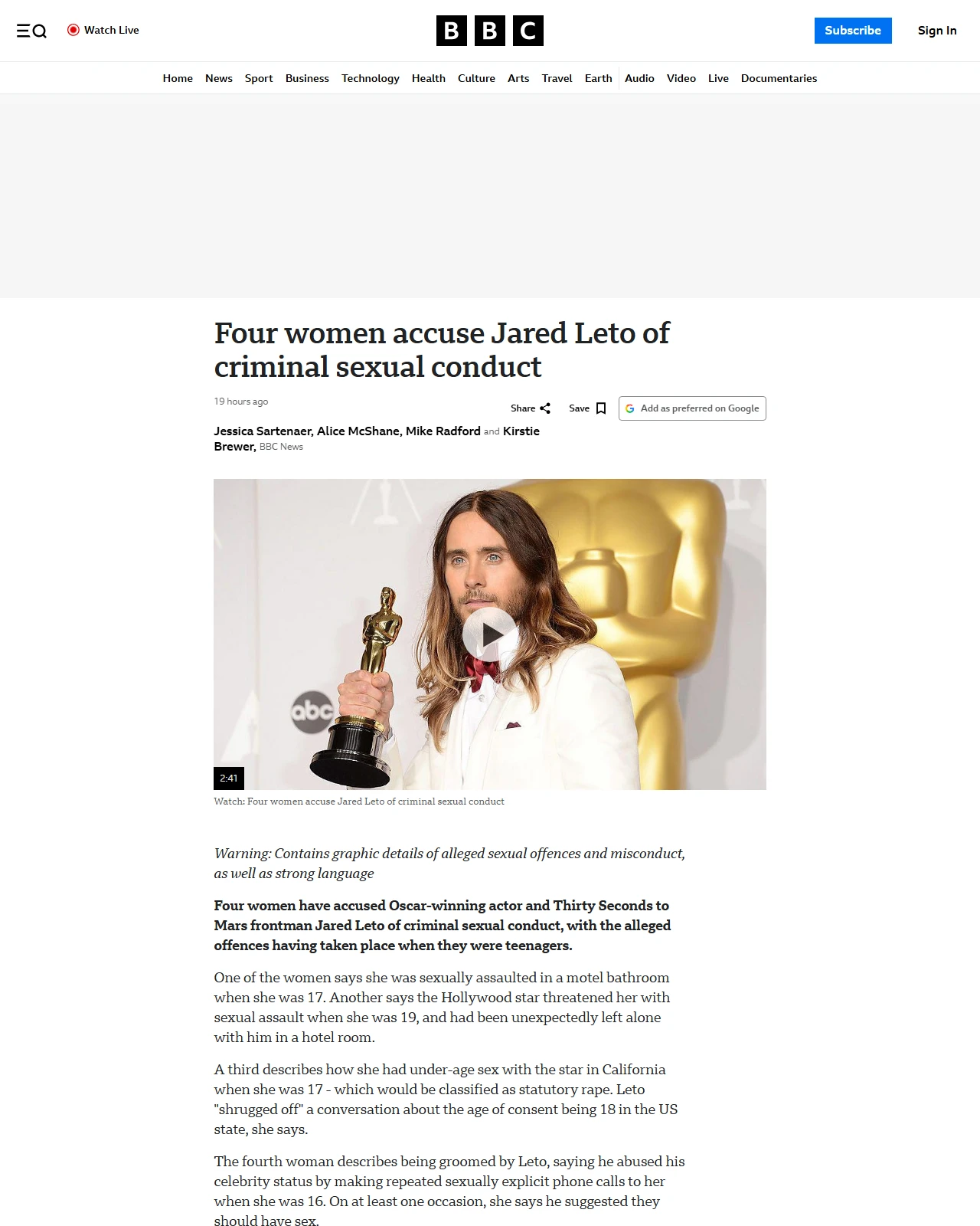 bbc.co.uk as published: Four women accuse Jared Leto of criminal sexual conduct
