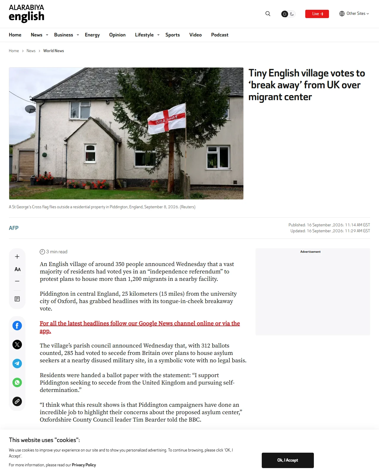 english.alarabiya.net as published: Tiny English village votes to ‘break away’ from UK over migrant center