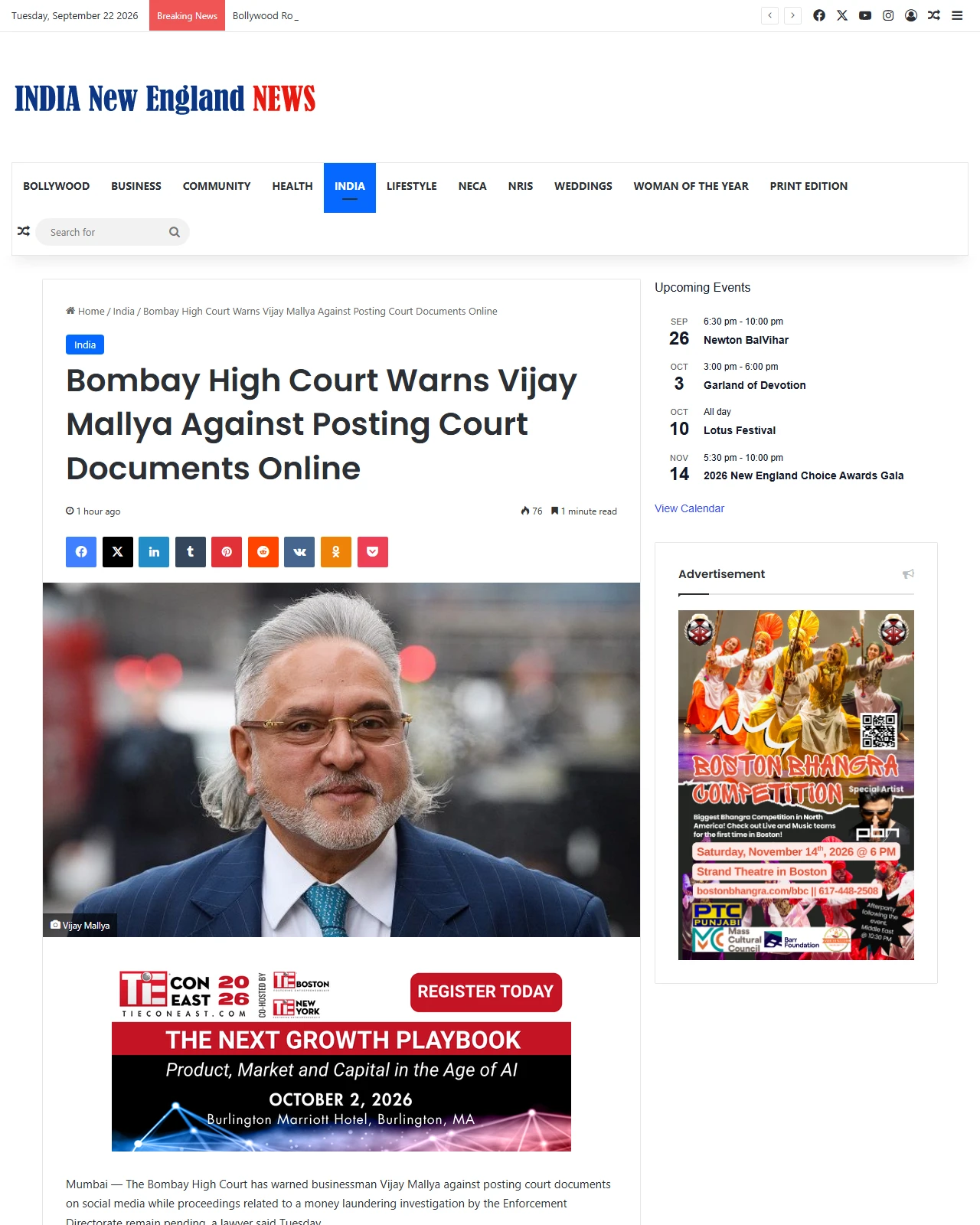 indianewengland.com as published: Bombay High Court Warns Vijay Mallya Against Posting Court Documents Online