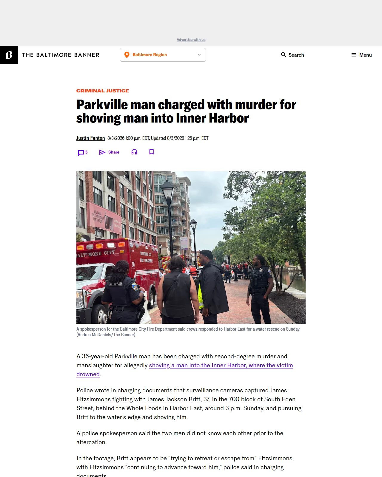 thebanner.com as published: Parkville man charged with murder for shoving man into Inner Harbor