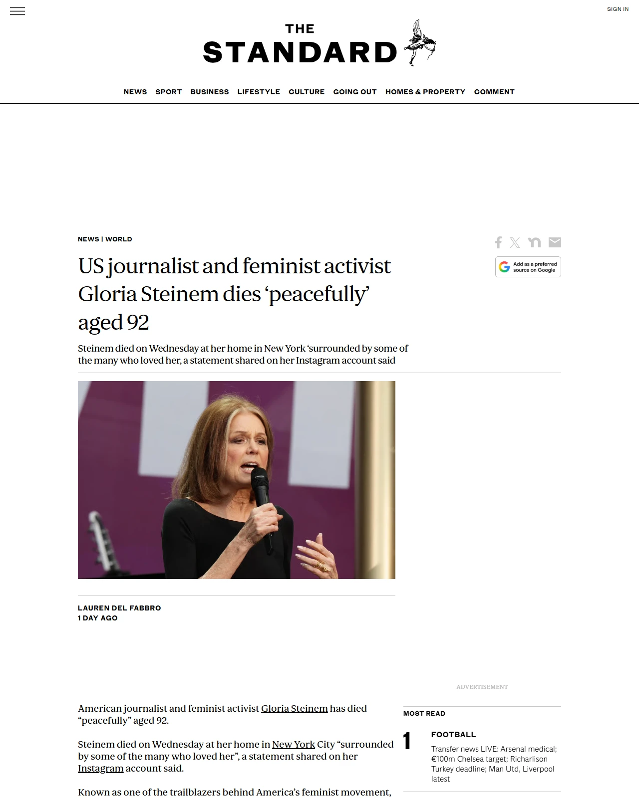 standard.co.uk as published: US journalist and feminist activist Gloria Steinem dies ‘peacefully’ aged 92
