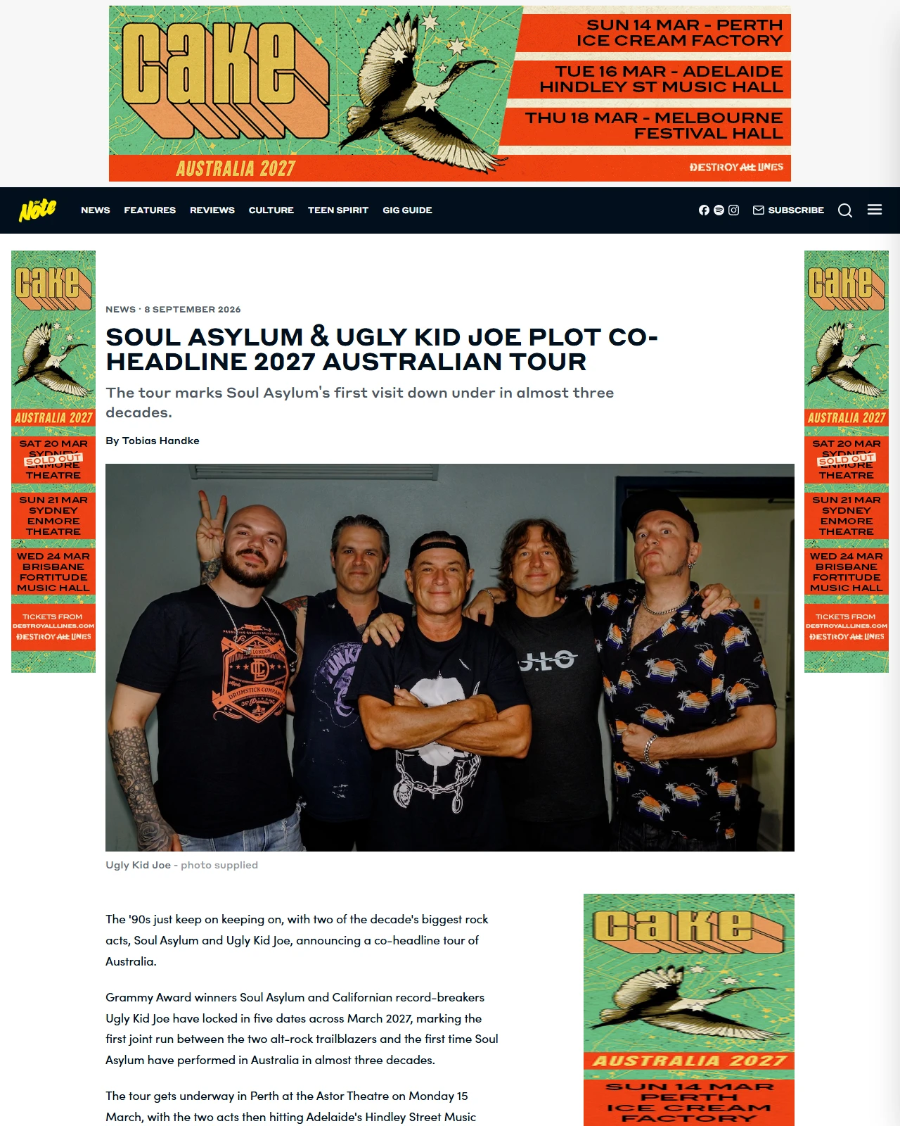 thenote.com.au as published: Soul Asylum & Ugly Kid Joe Plot Co-Headline 2027 Australian Tour