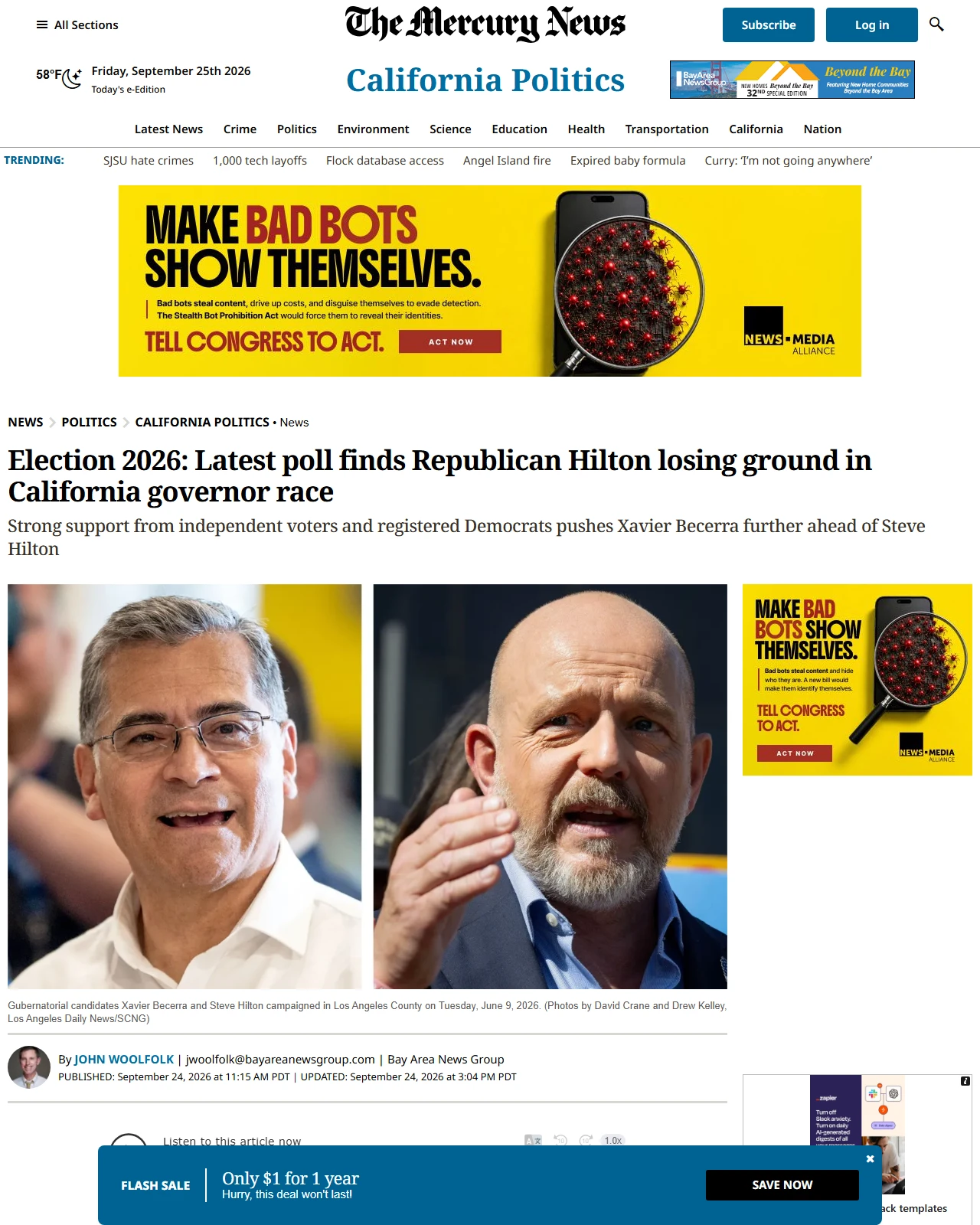 mercurynews.com as published: Election 2026: Latest poll finds Republican Hilton losing ground in California governor race