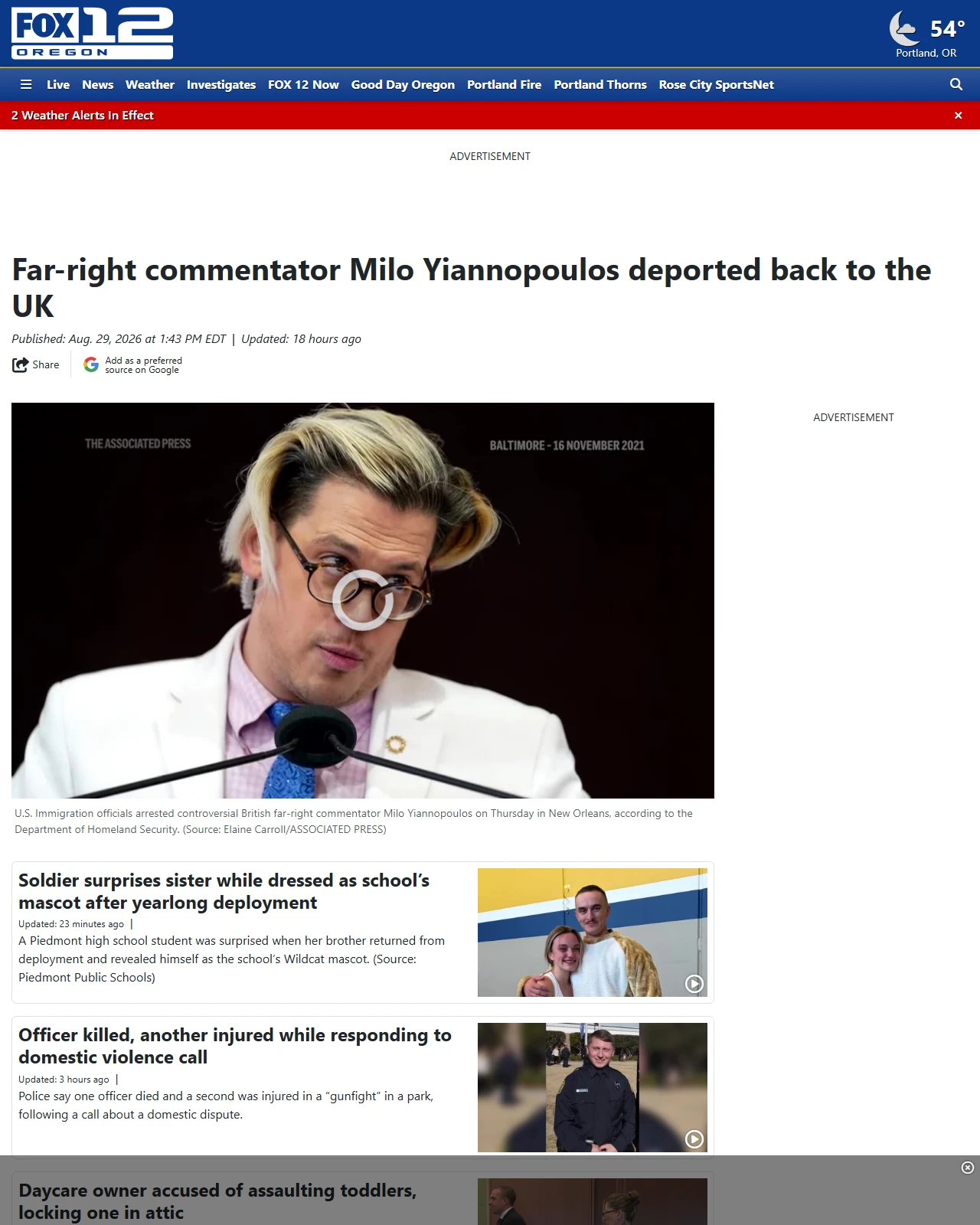 kptv.com as published: Far-right commentator Milo Yiannopoulos deported back to the UK