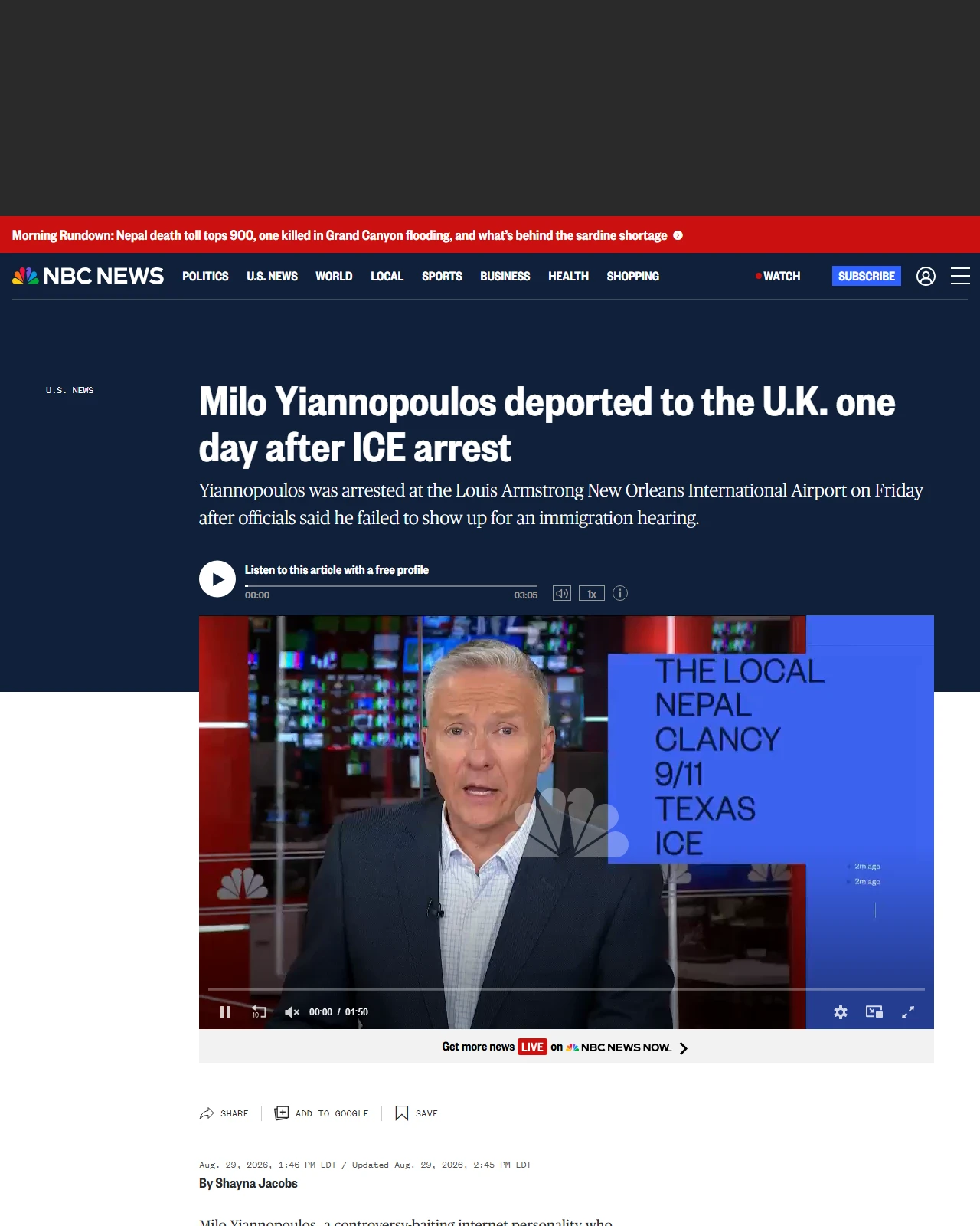 nbcnews.com as published: Milo Yiannopoulos deported to the U.K. one day after ICE arrest