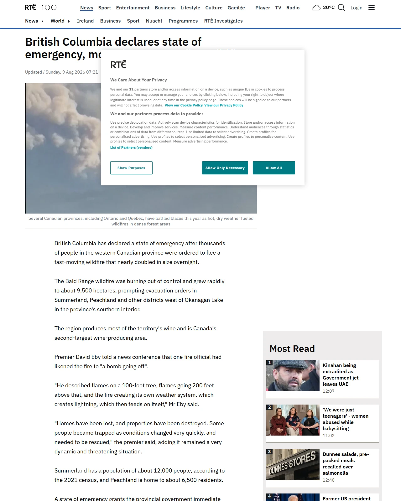 rte.ie as published: State of emergency in British Columbia due to wildfires