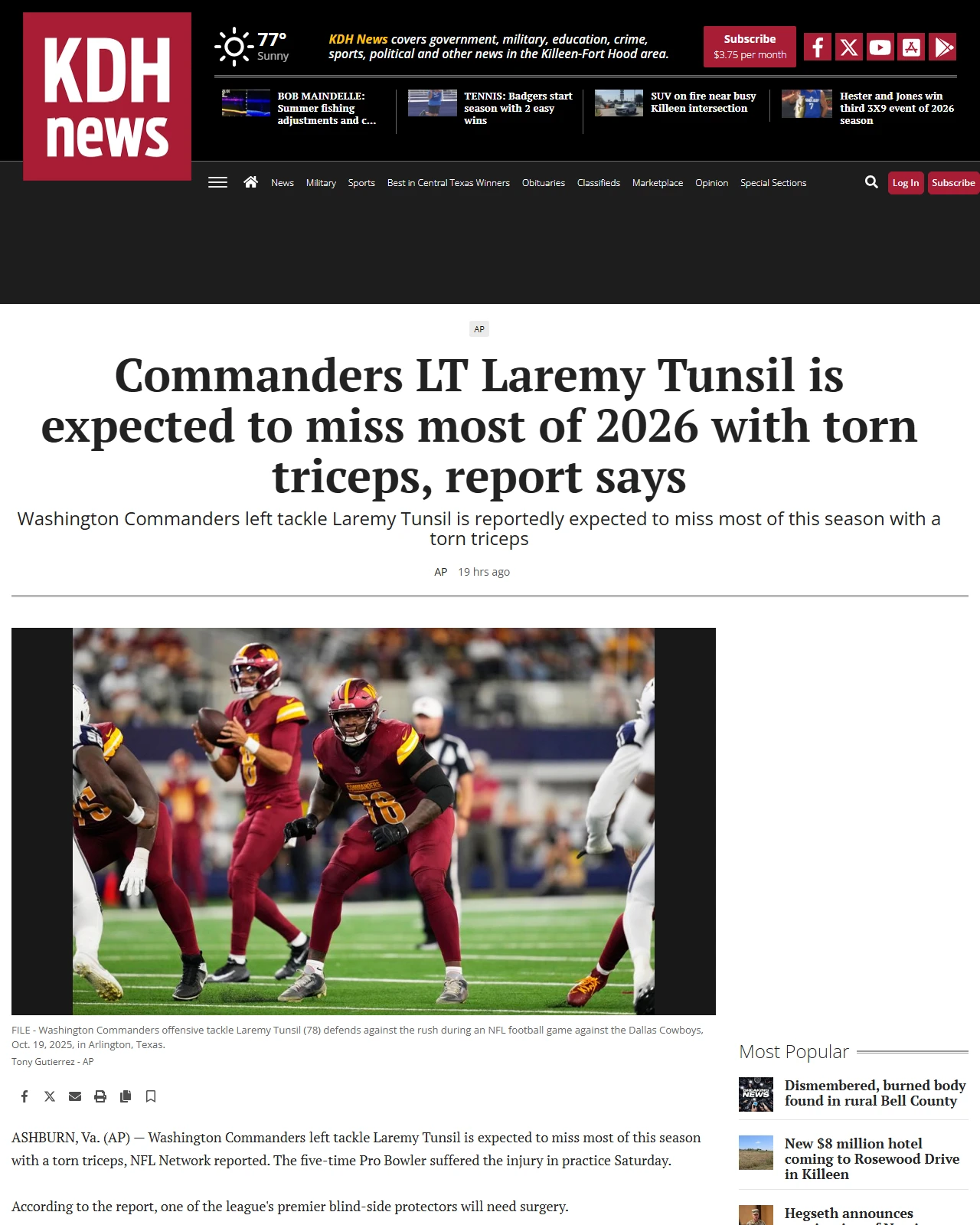 kdhnews.com as published: Commanders LT Laremy Tunsil is expected to miss most of 2026 with torn triceps, report says