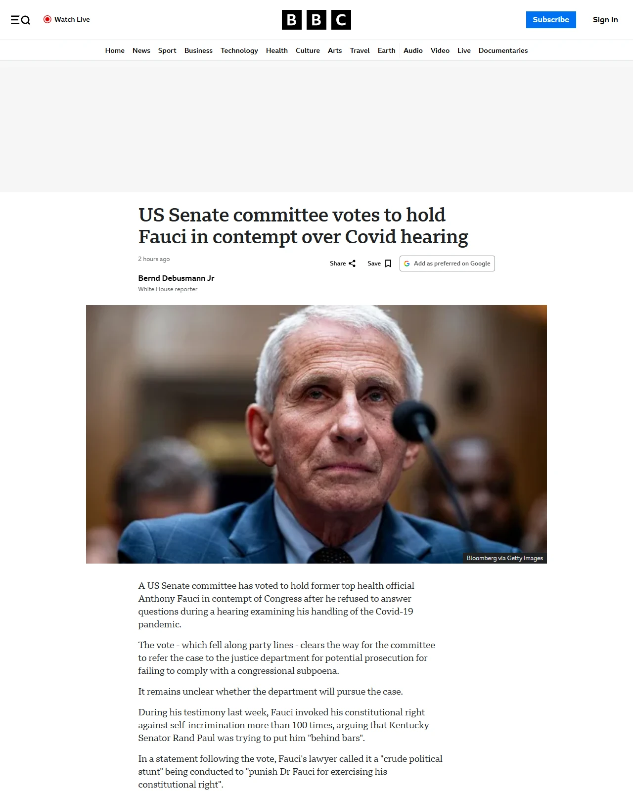 bbc.co.uk as published: US Senate committee votes to hold Fauci in contempt over Covid hearing