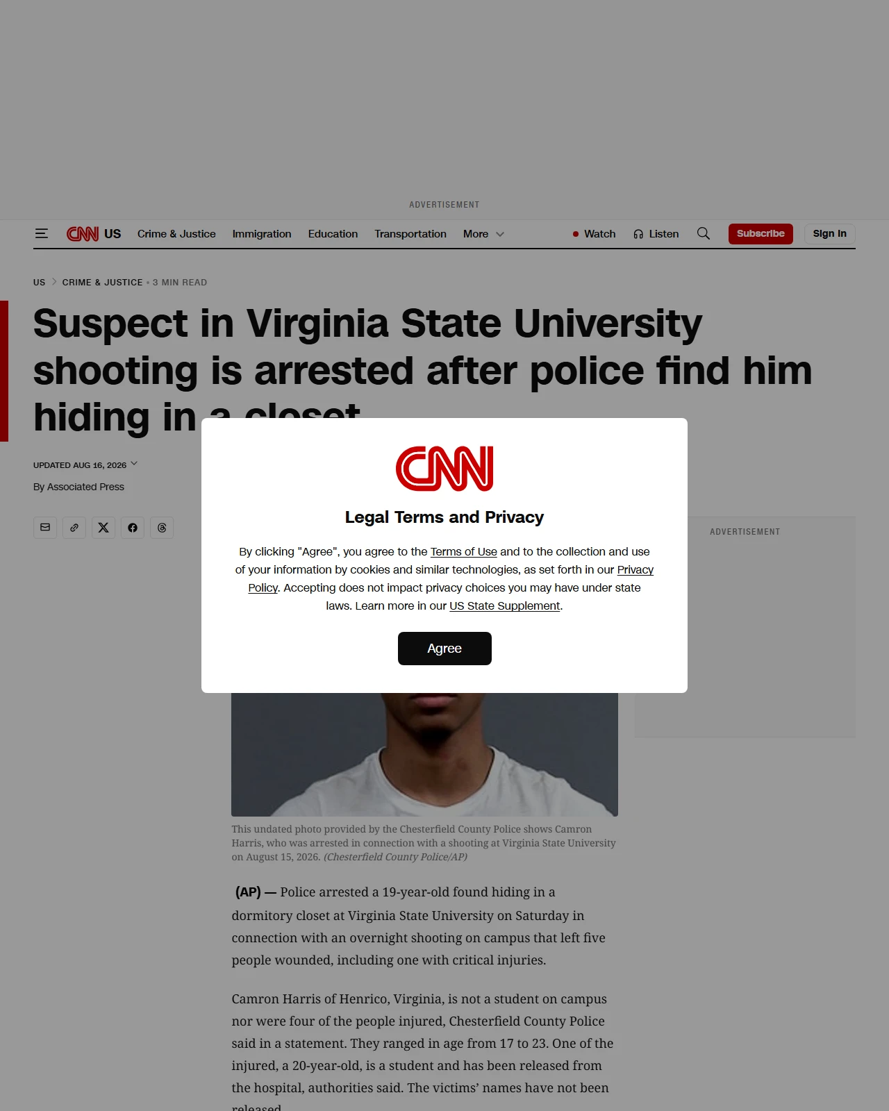 cnn.com as published: Suspect in Virginia State University shooting is arrested after police find him hiding in a closet