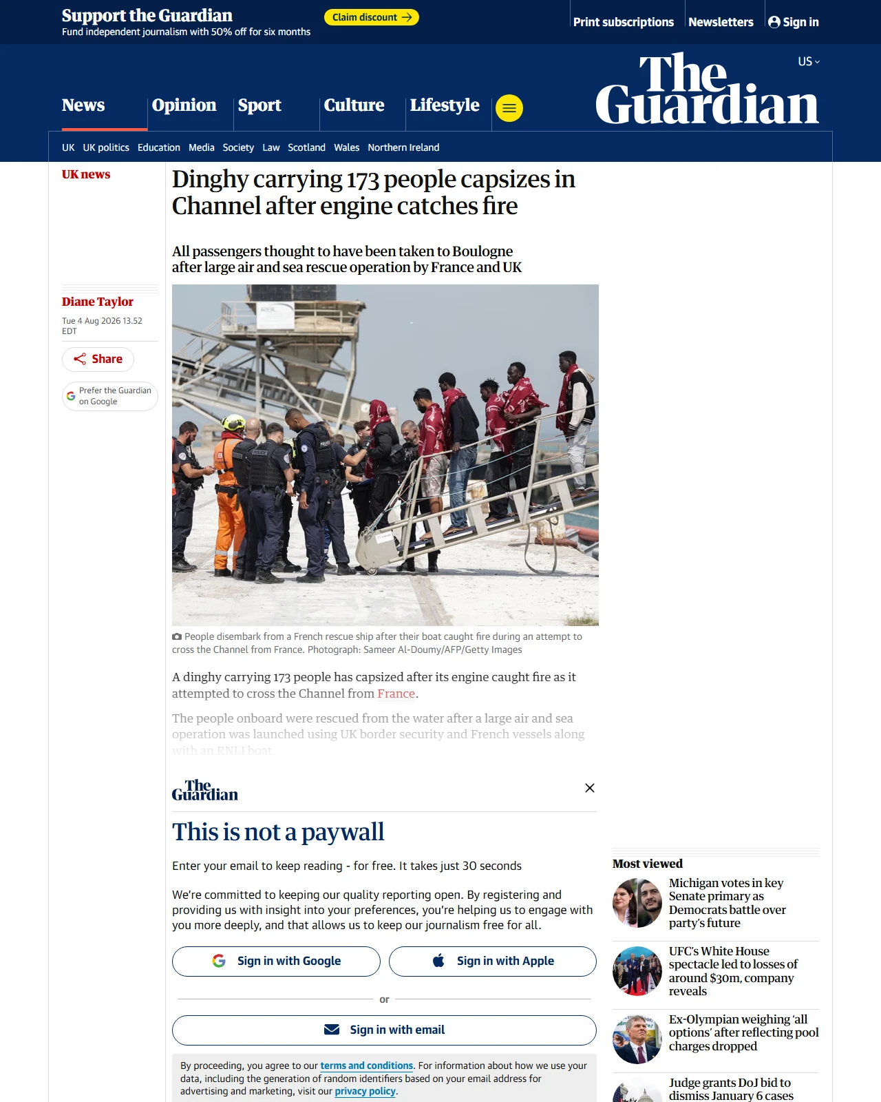 theguardian.com as published: Dinghy carrying 173 people capsizes in Channel after engine catches fire