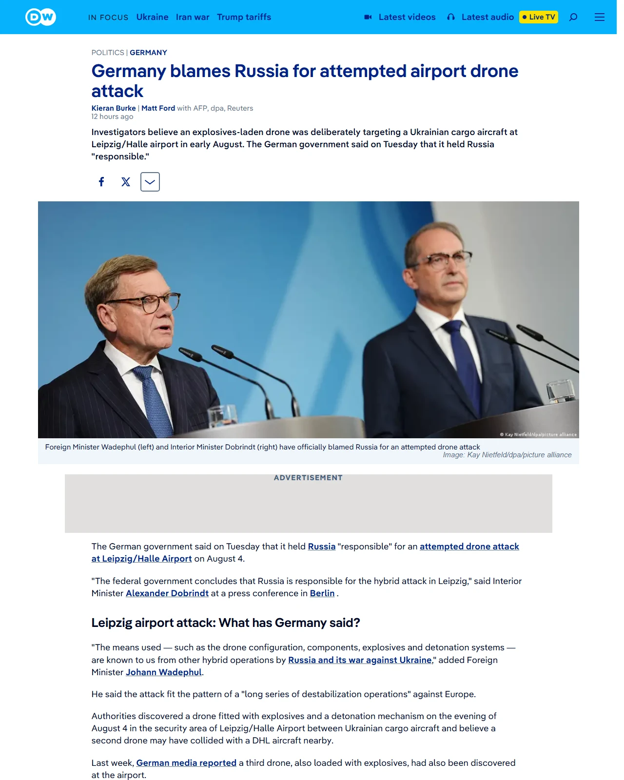 dw.com as published: Germany says Russia behind attempted drone attack at Leipzig airport
