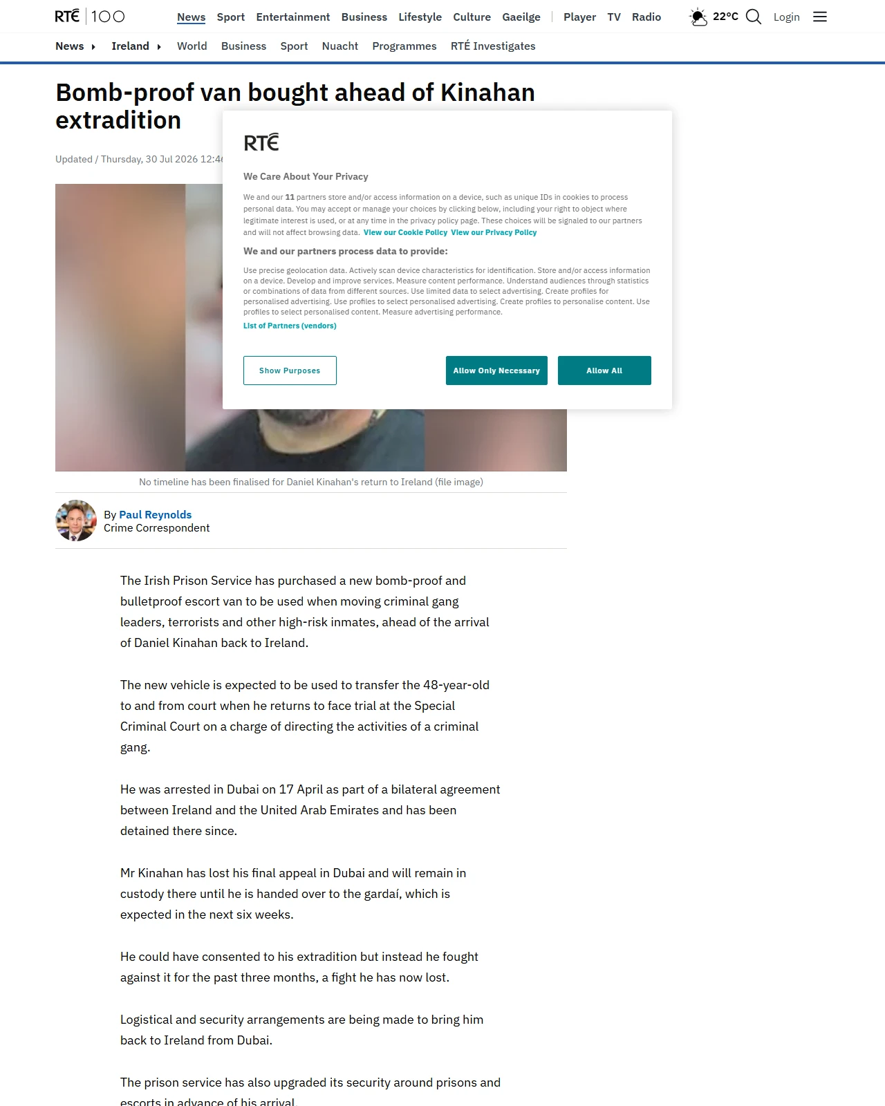 rte.ie as published: Bomb-proof van bought ahead of Kinahan extradition