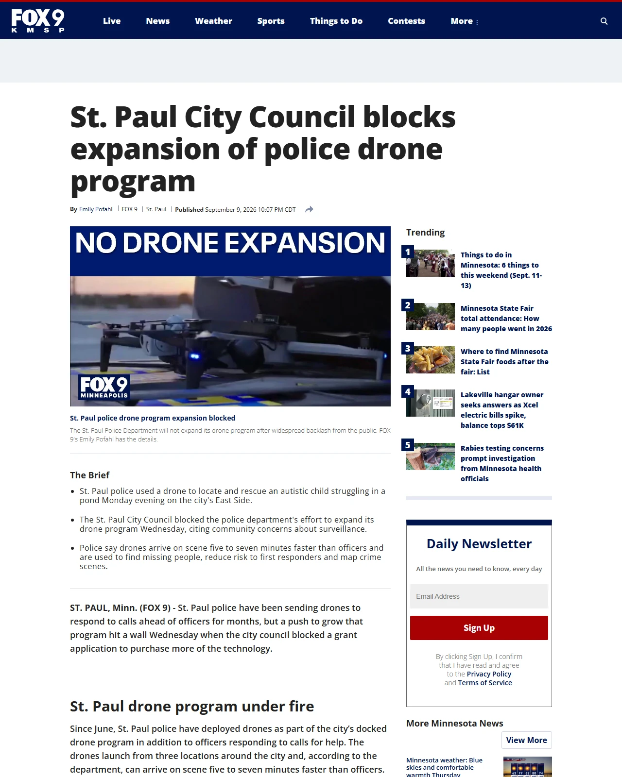 fox9.com as published: St. Paul police drone program expansion blocked - FOX 9 Minneapolis-St. Paul