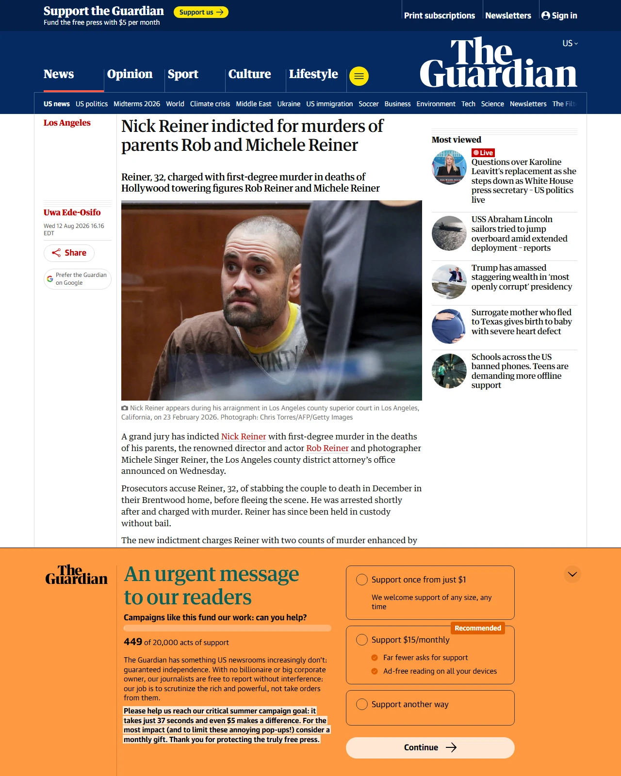 theguardian.com as published: Nick Reiner indicted for murders of parents Rob and Michele Reiner