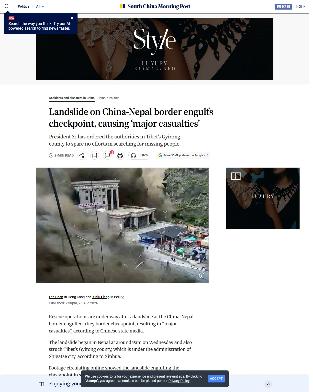 scmp.com as published: Landslide on China-Nepal border engulfs checkpoint, causing ‘major casualties’