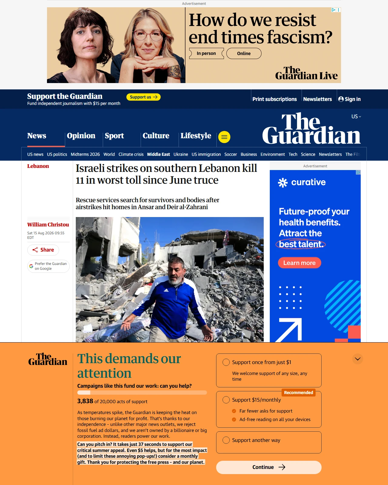 theguardian.com as published: Israeli strikes on southern Lebanon kill 11 in worst toll since June truce