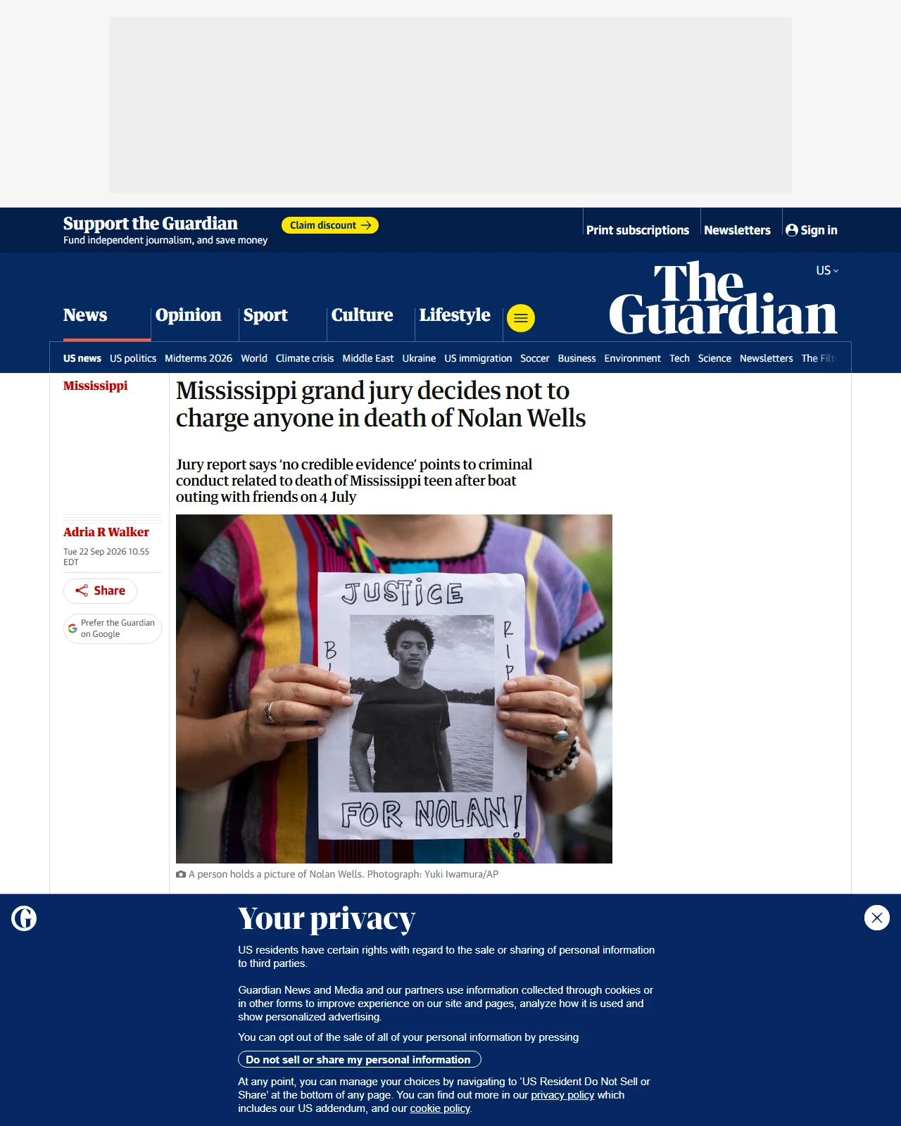 theguardian.com as published: Mississippi grand jury decides not to charge anyone in death of Nolan Wells
