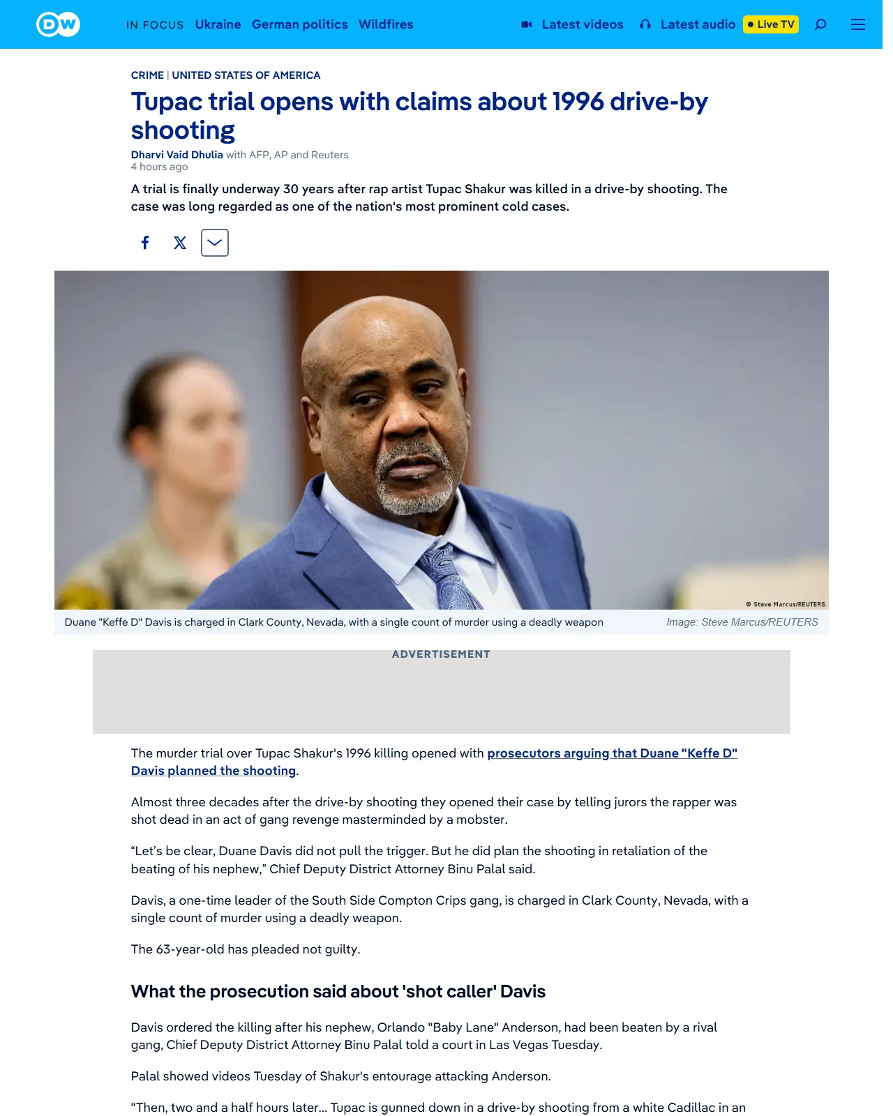 dw.com as published: Tupac Shakur murder trial opens as prosecutors say 'Keffe D' ordered 1996 killing