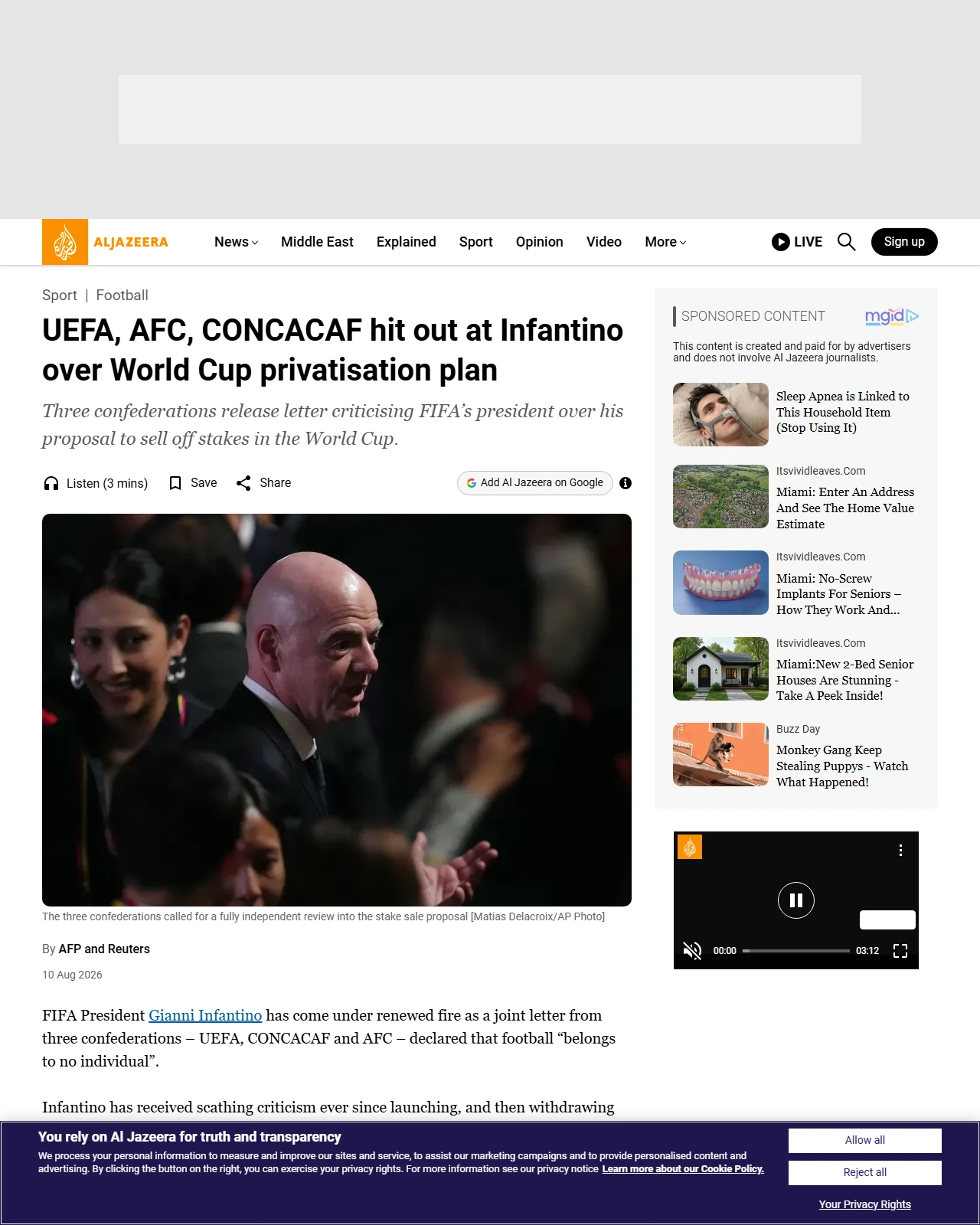 aljazeera.com as published: UEFA, AFC, CONCACAF hit out at Infantino over World Cup privatisation plan