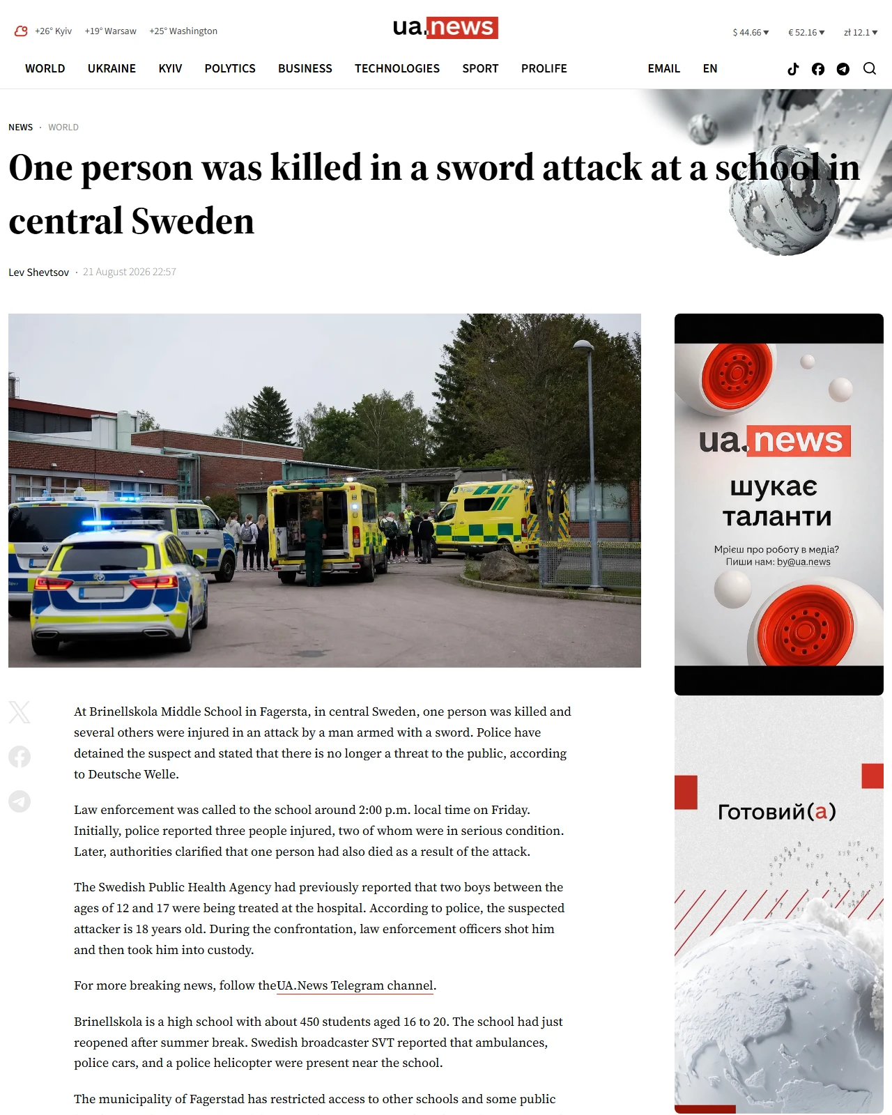 ua.news as published: One person was killed in a sword attack at a school in central Sweden