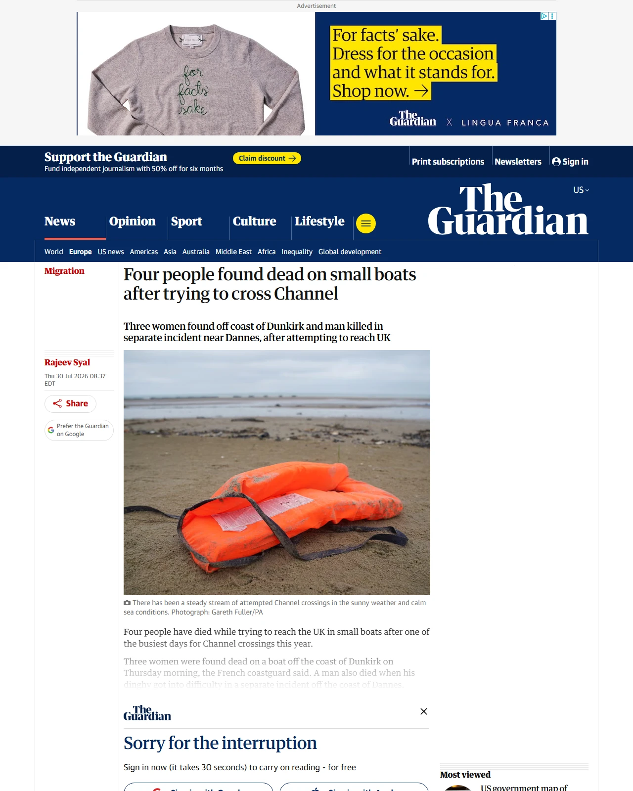 theguardian.com as published: Four people found dead on small boats after trying to cross Channel