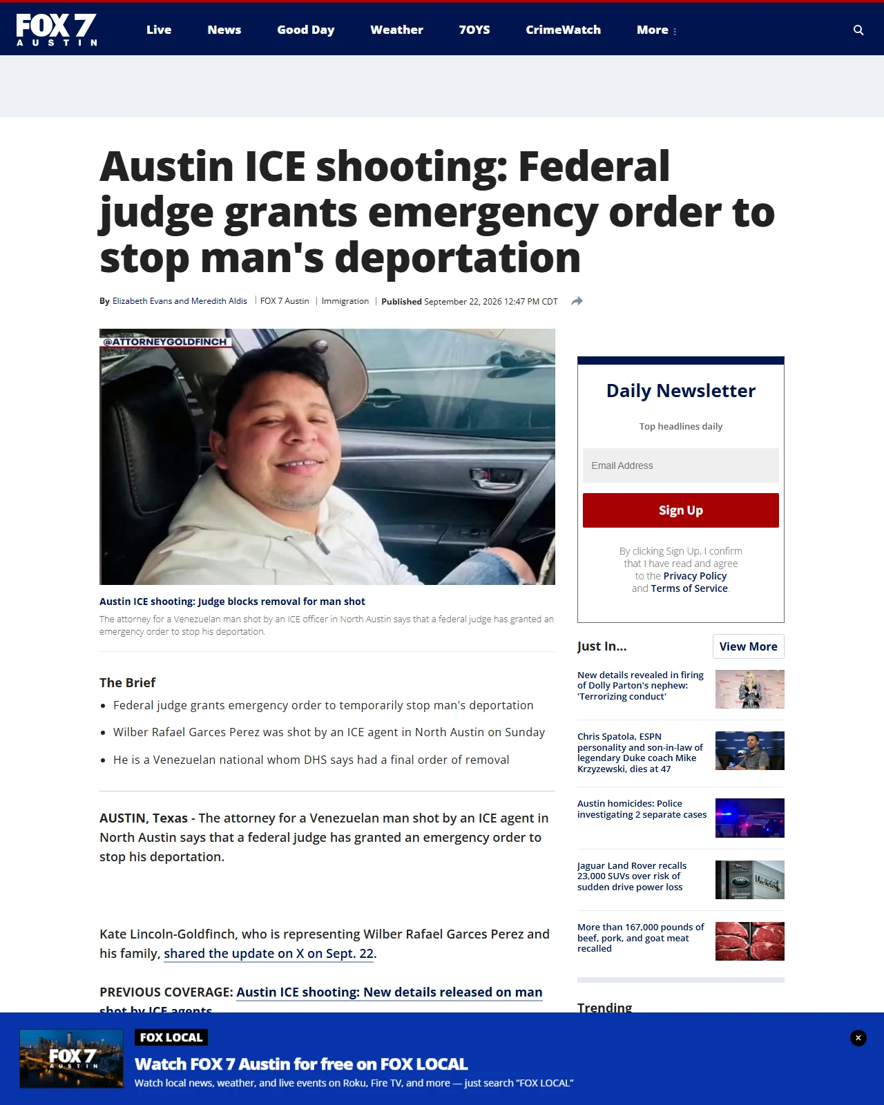fox7austin.com as published: Austin ICE shooting: Judge blocks removal for man shot