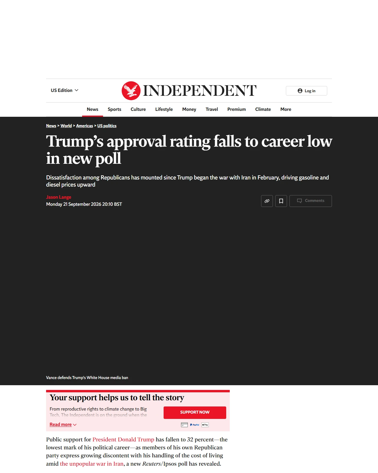 independent.co.uk as published: Trump’s approval rating falls to career low in new poll