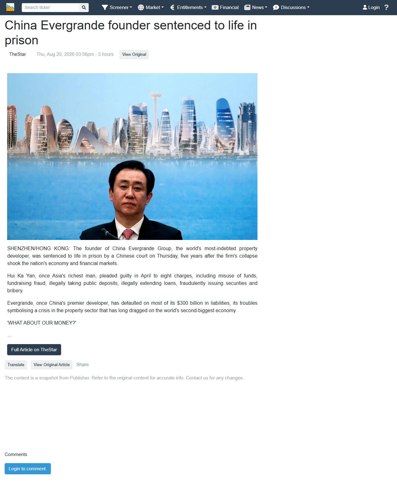 klsescreener.com as published: China Evergrande founder sentenced to life in prison