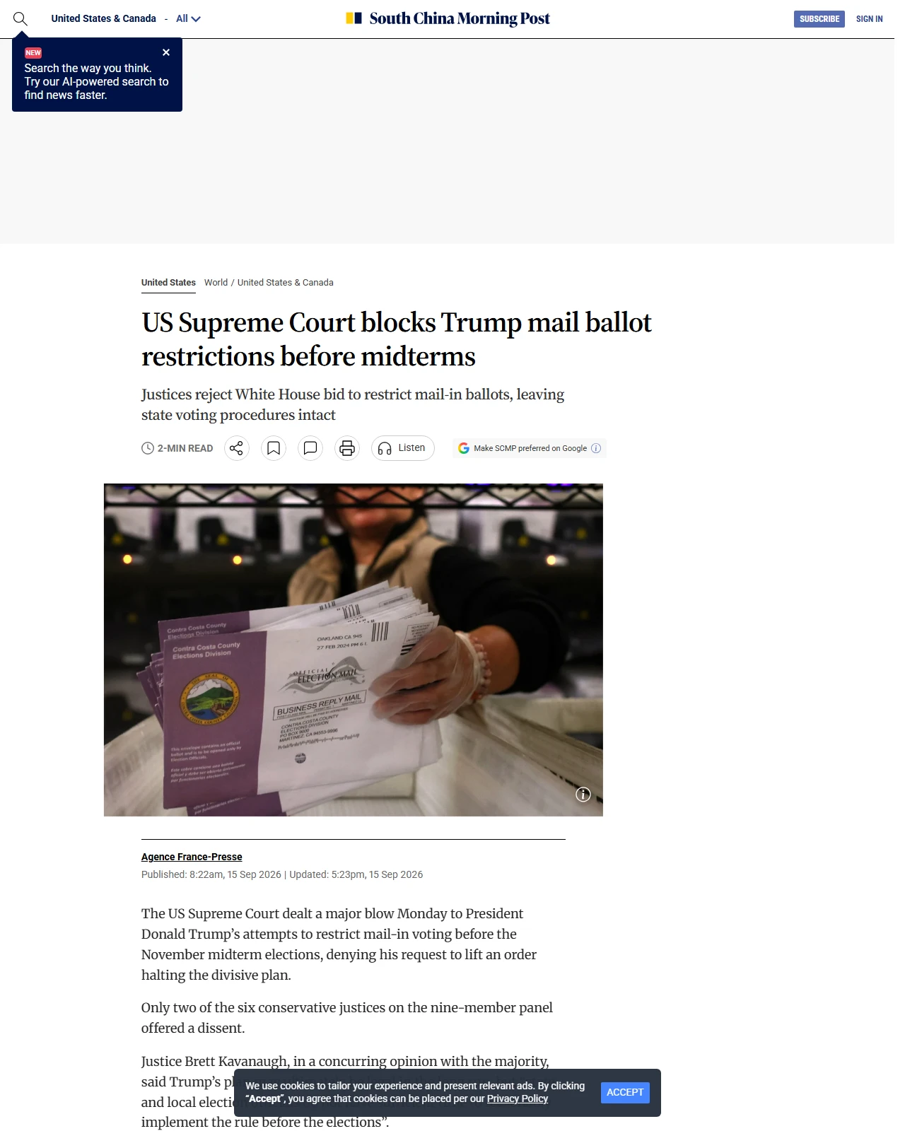 scmp.com as published: US Supreme Court blocks Trump mail ballot restrictions before midterms
