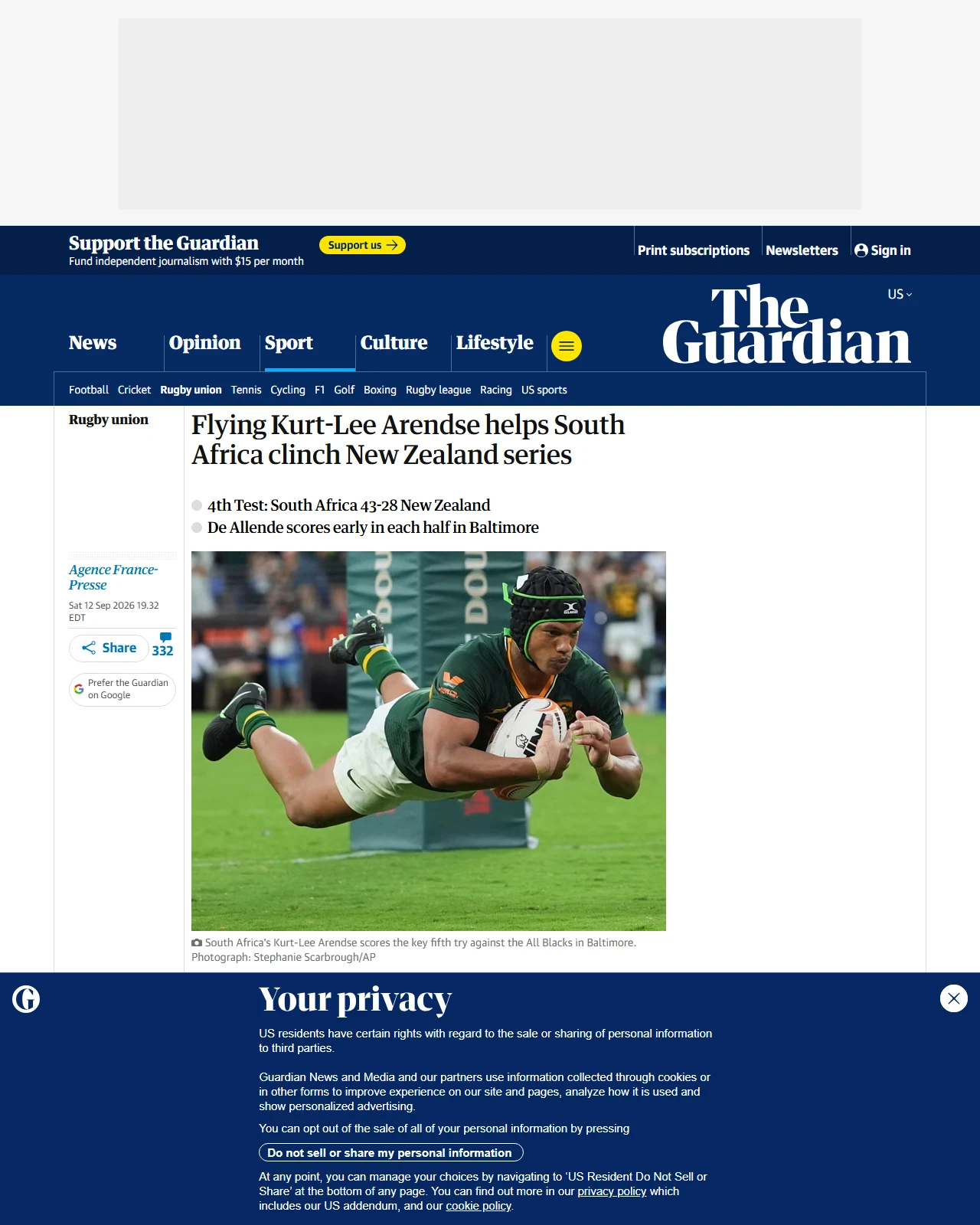 theguardian.com as published: Flying Kurt-Lee Arendse helps South Africa clinch New Zealand series