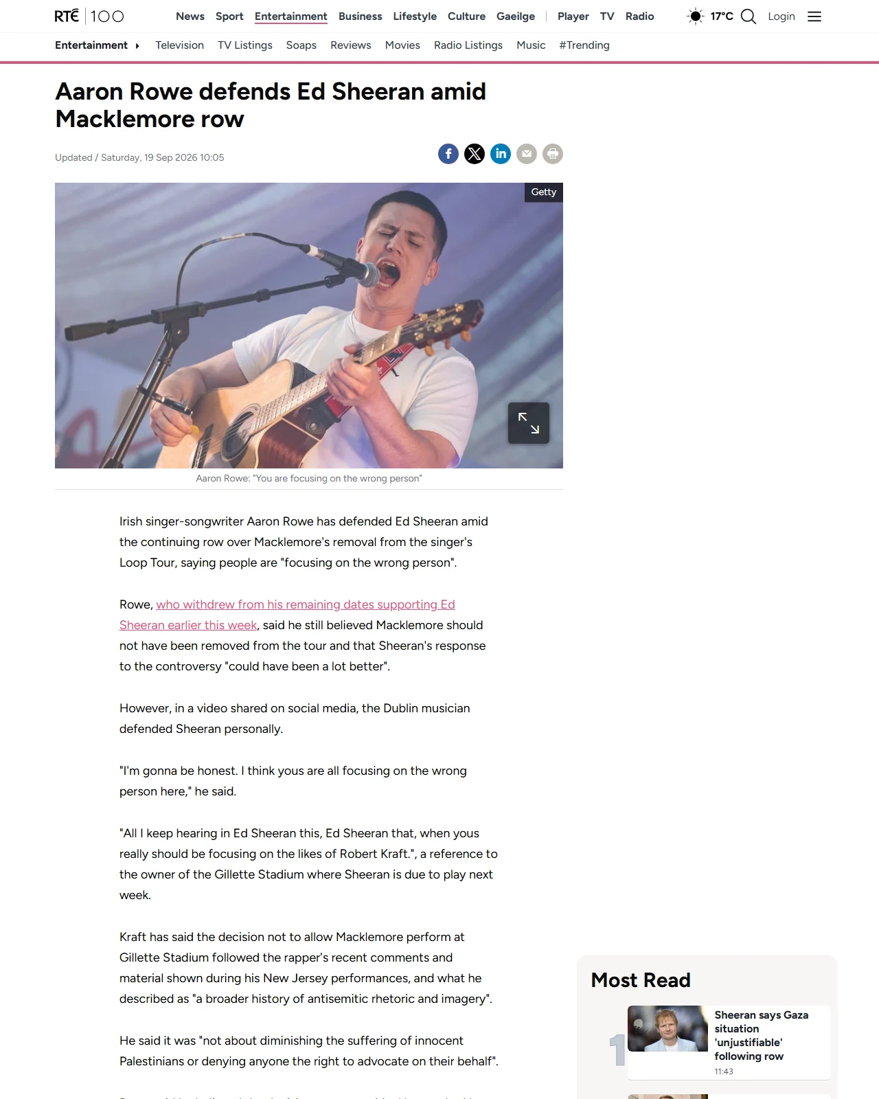 rte.ie as published: Aaron Rowe defends Ed Sheeran amid Macklemore row