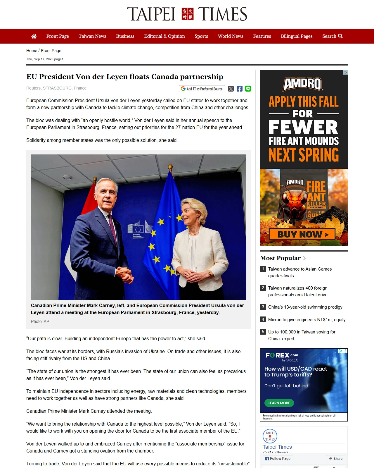 taipeitimes.com as published: EU President Von der Leyen floats Canada partnership