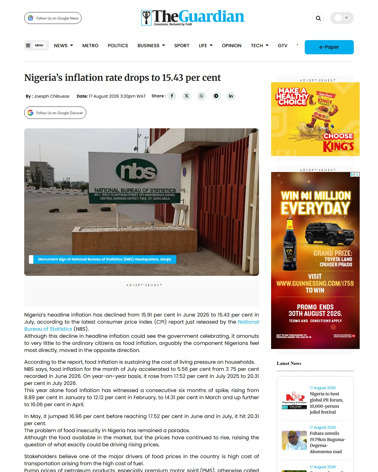 guardian.ng as published: Nigeria’s inflation rate drops to 15.43 per cent