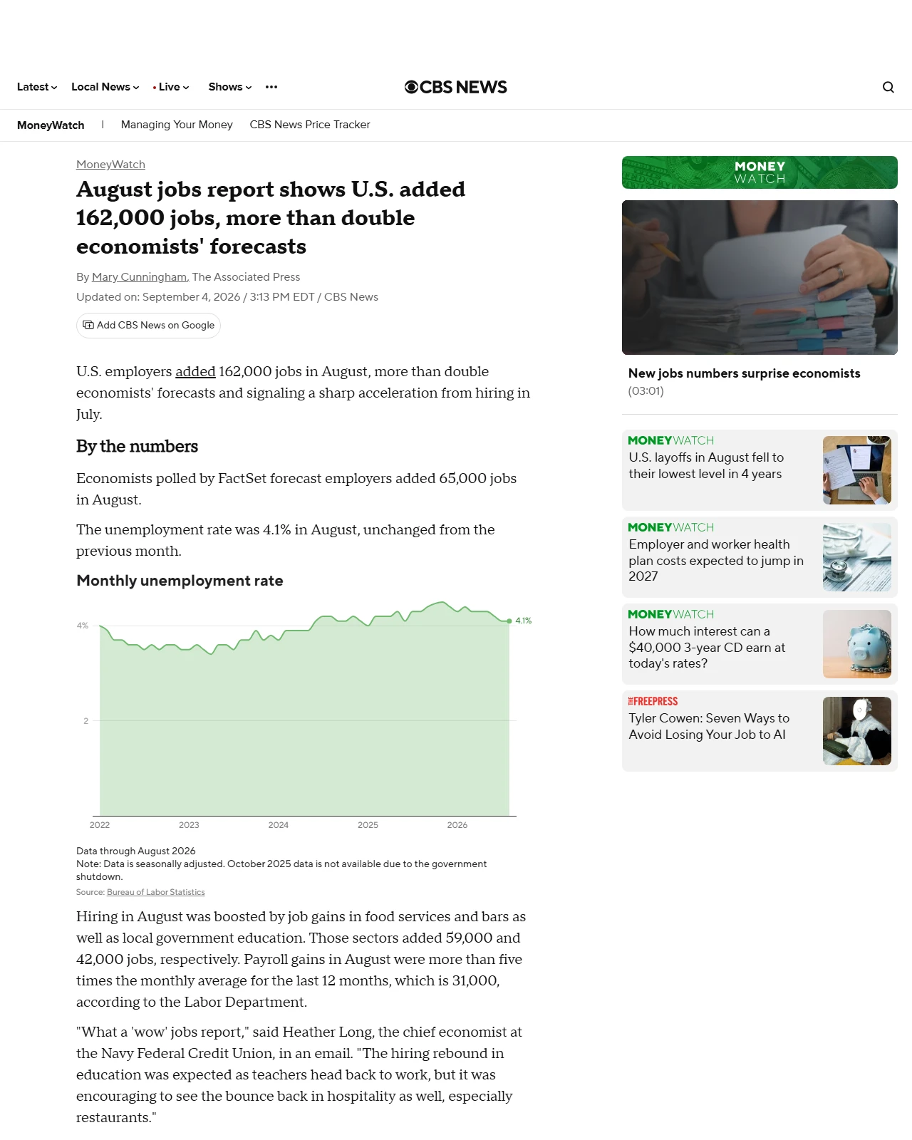 cbsnews.com as published: August jobs report shows U.S. added 162,000 jobs, more than double economists' forecasts