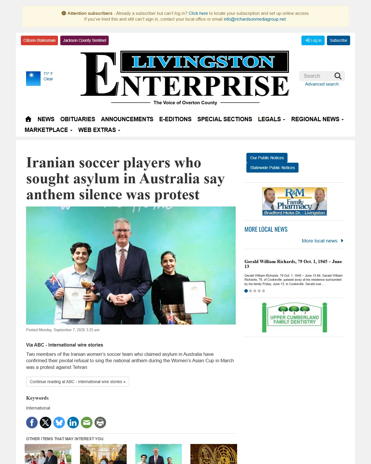 livingstonenterprise.net as published: Iranian soccer players who sought asylum in Australia say anthem silence was protest