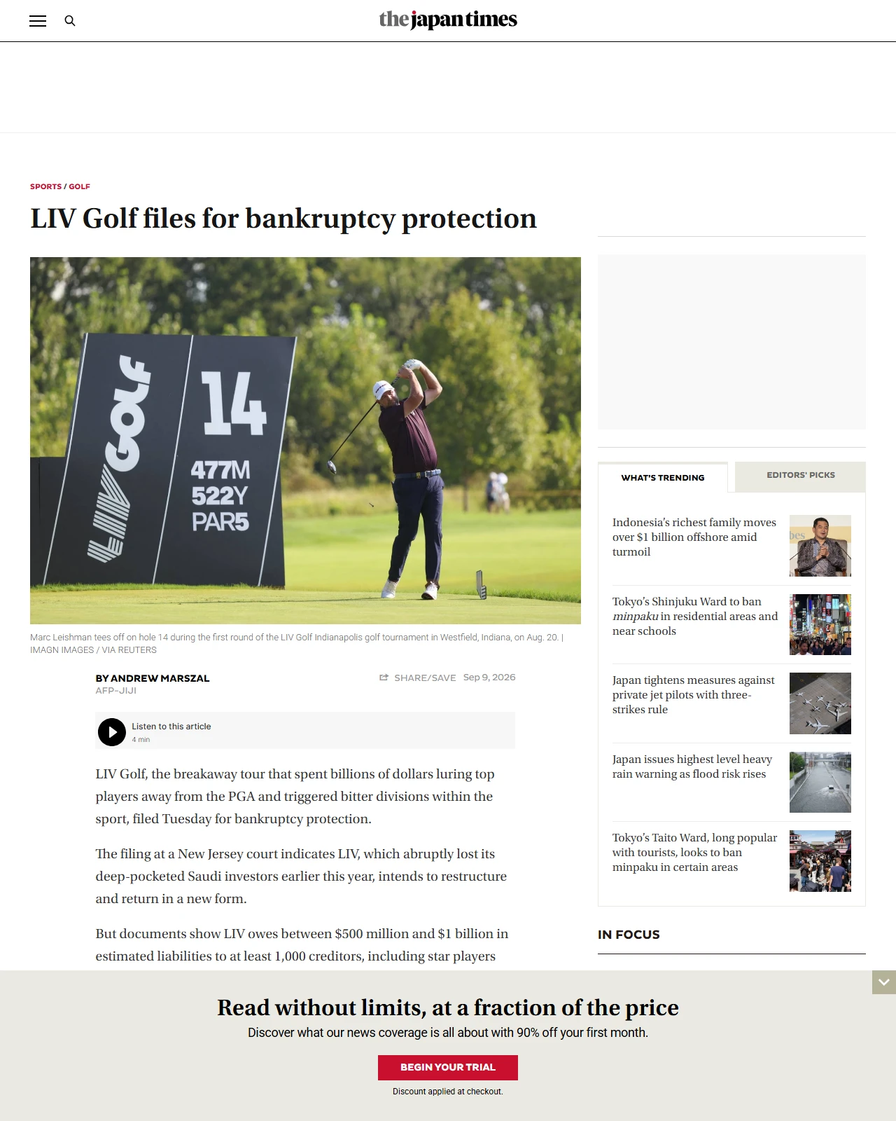 japantimes.co.jp as published: LIV Golf files for bankruptcy protection