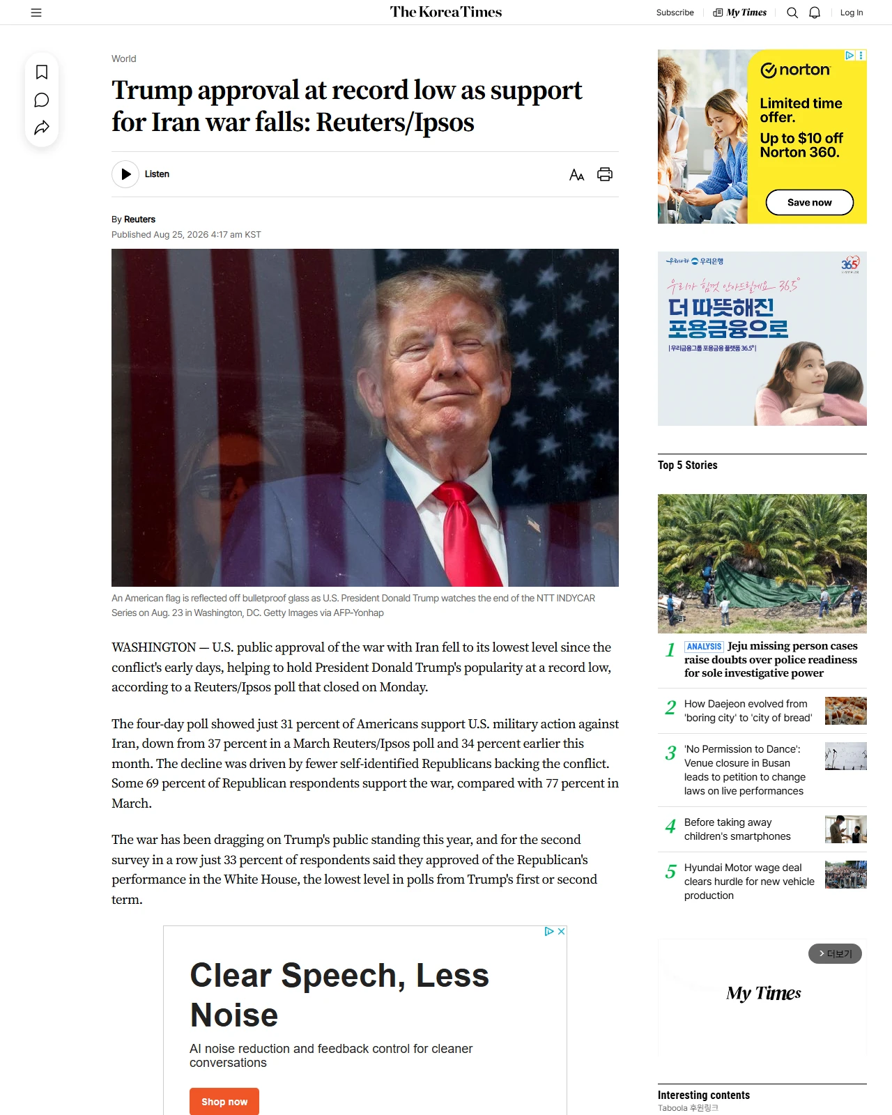 koreatimes.co.kr as published: Trump approval at record low as support for Iran war falls: Reuters/Ipsos