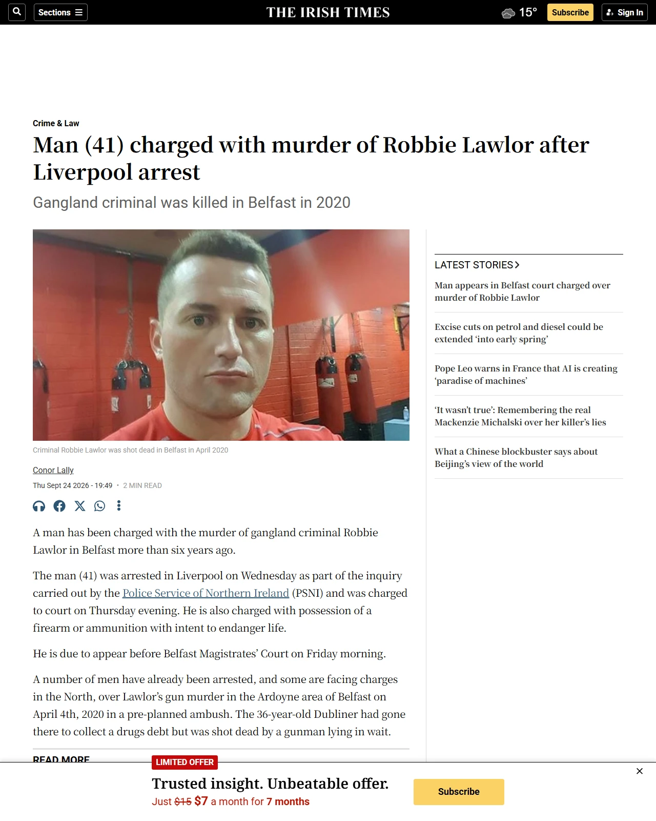 irishtimes.com as published: Man (41) charged with murder of Robbie Lawlor after Liverpool arrest