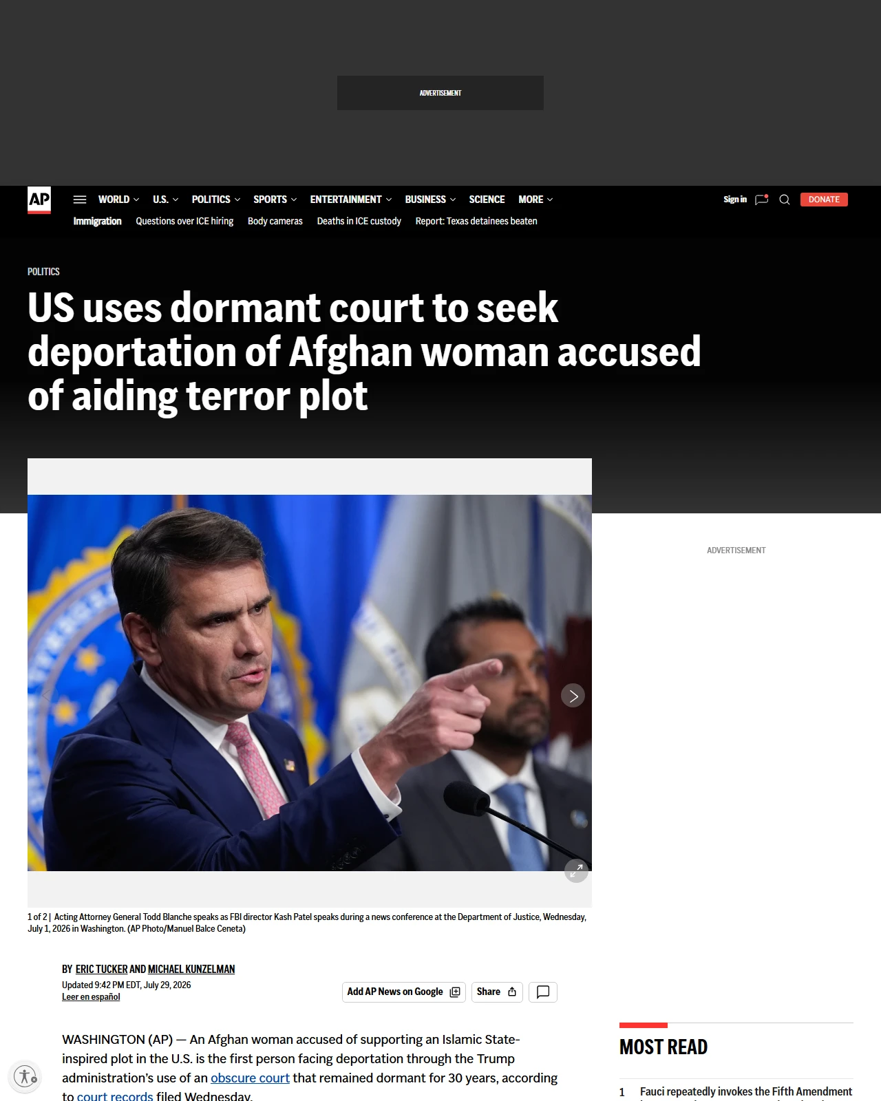 apnews.com as published: US uses dormant court to seek deportation of Afghan woman accused of aiding terror plot