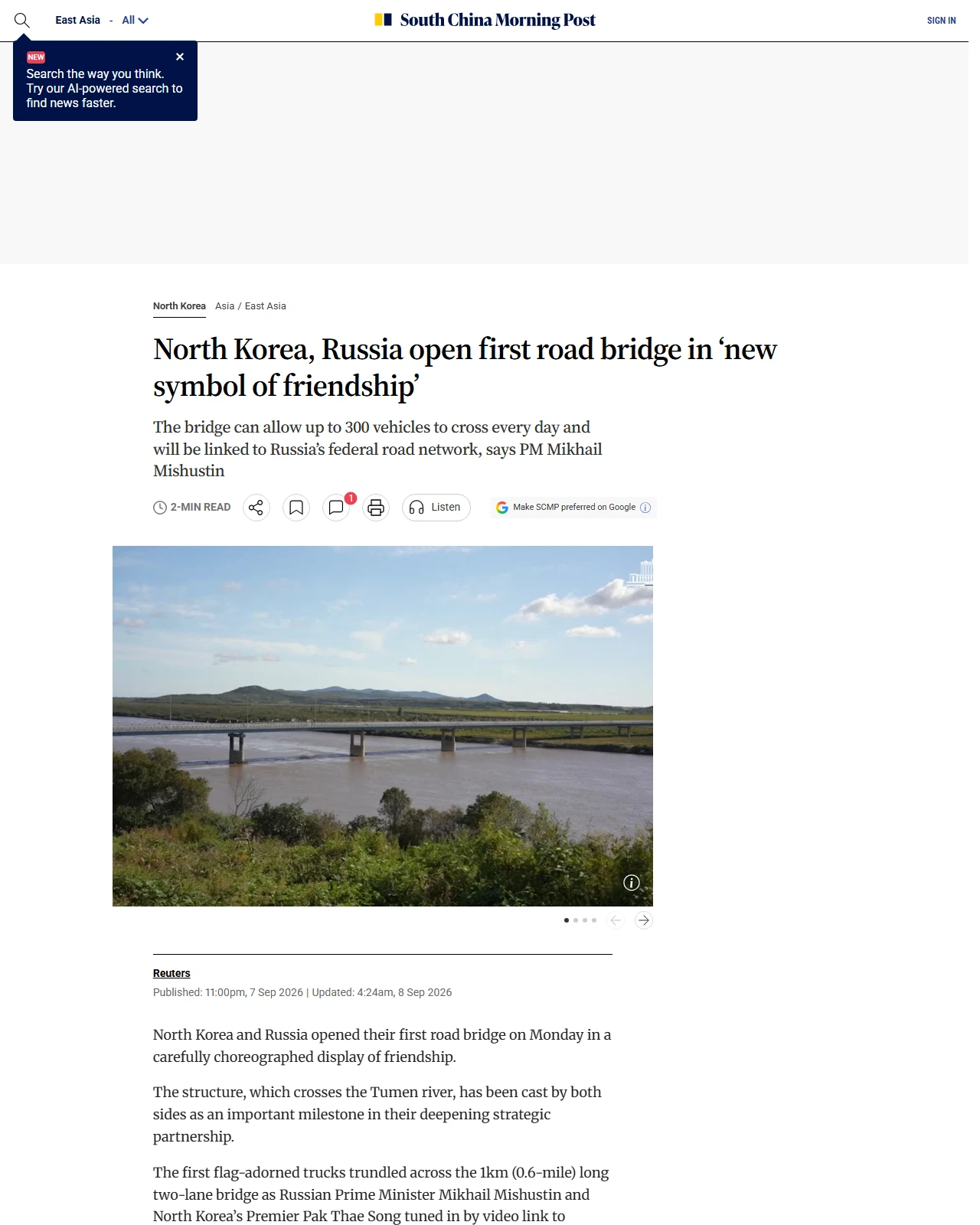 scmp.com as published: North Korea, Russia open first road bridge in ‘new symbol of friendship’