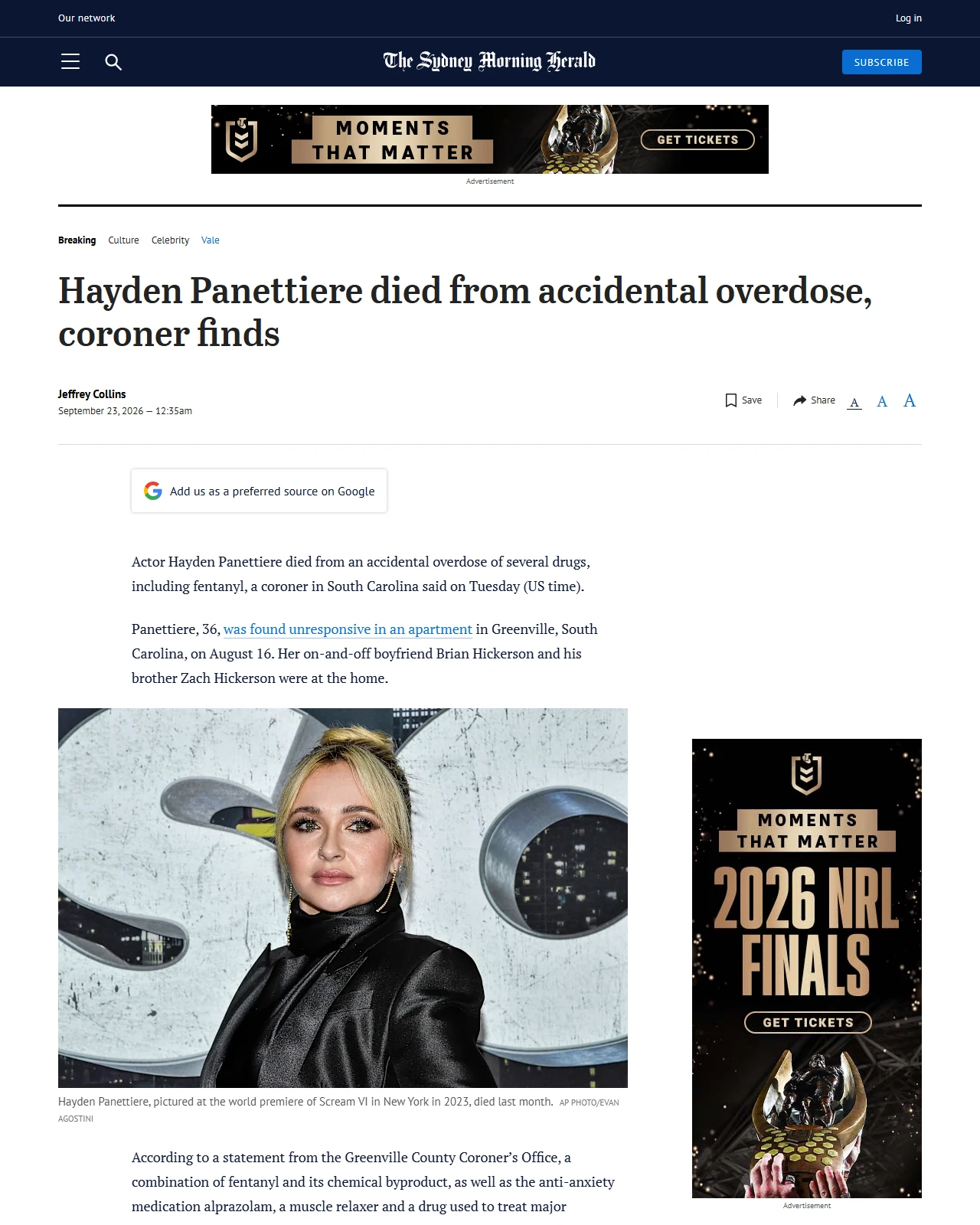 smh.com.au as published: Hayden Panettiere died from accidental overdose, coroner finds